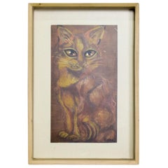 Mexican Modernist Pastel on Paper Signed Painting of a Cat, Remedio Varo