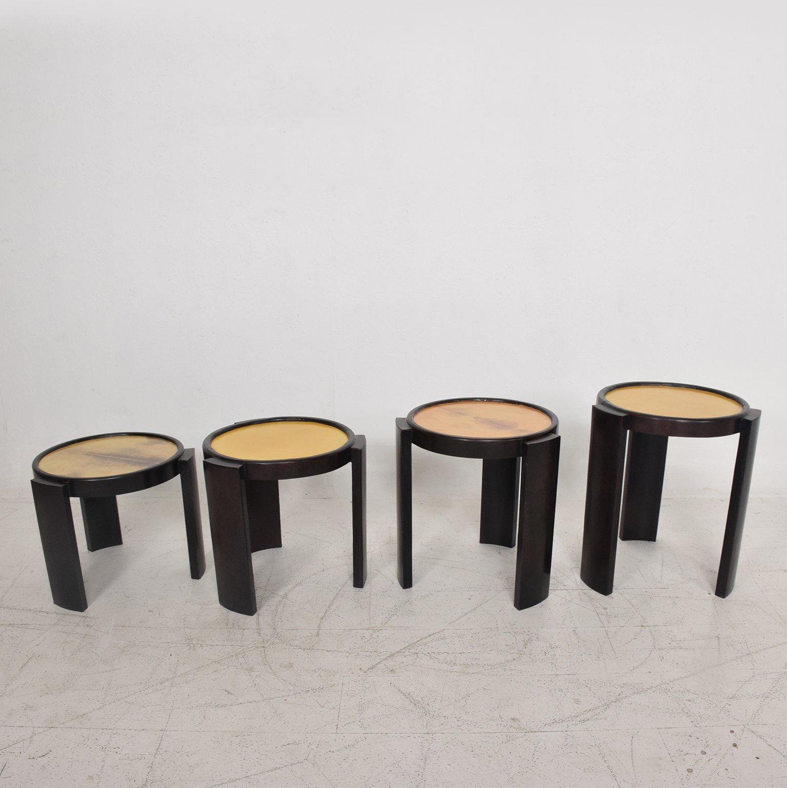 Lacquered Mexican Modernist Set of Four Nesting Tables in Goatskin and Leather