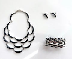 Mexikanischer Modernist Silber Obsidian Vierteilige Schmucksuite Taxco Antonio Pineda