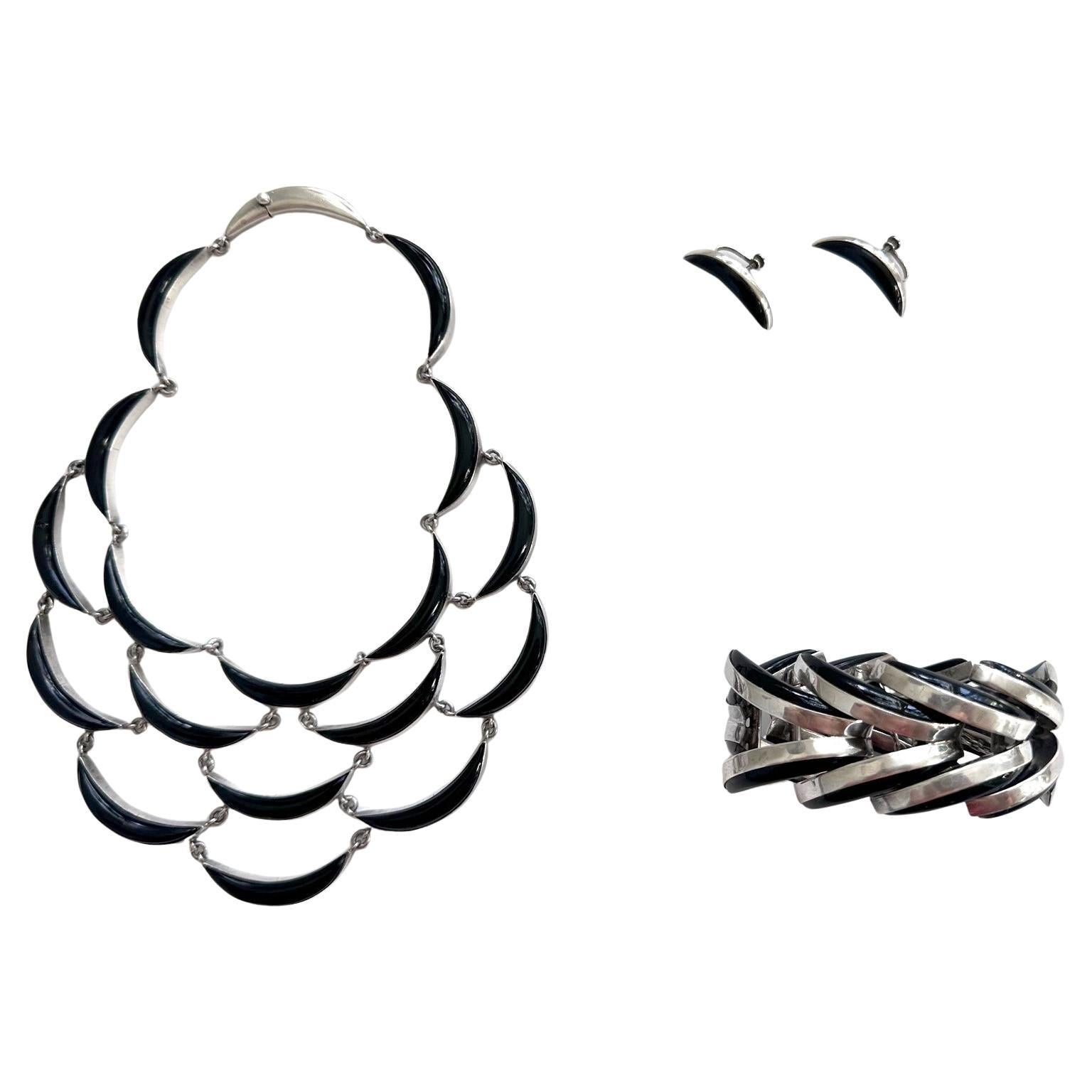Mexican Modernist Silver Obsidian Four-piece Jewelry Suite Taxco Antonio Pineda