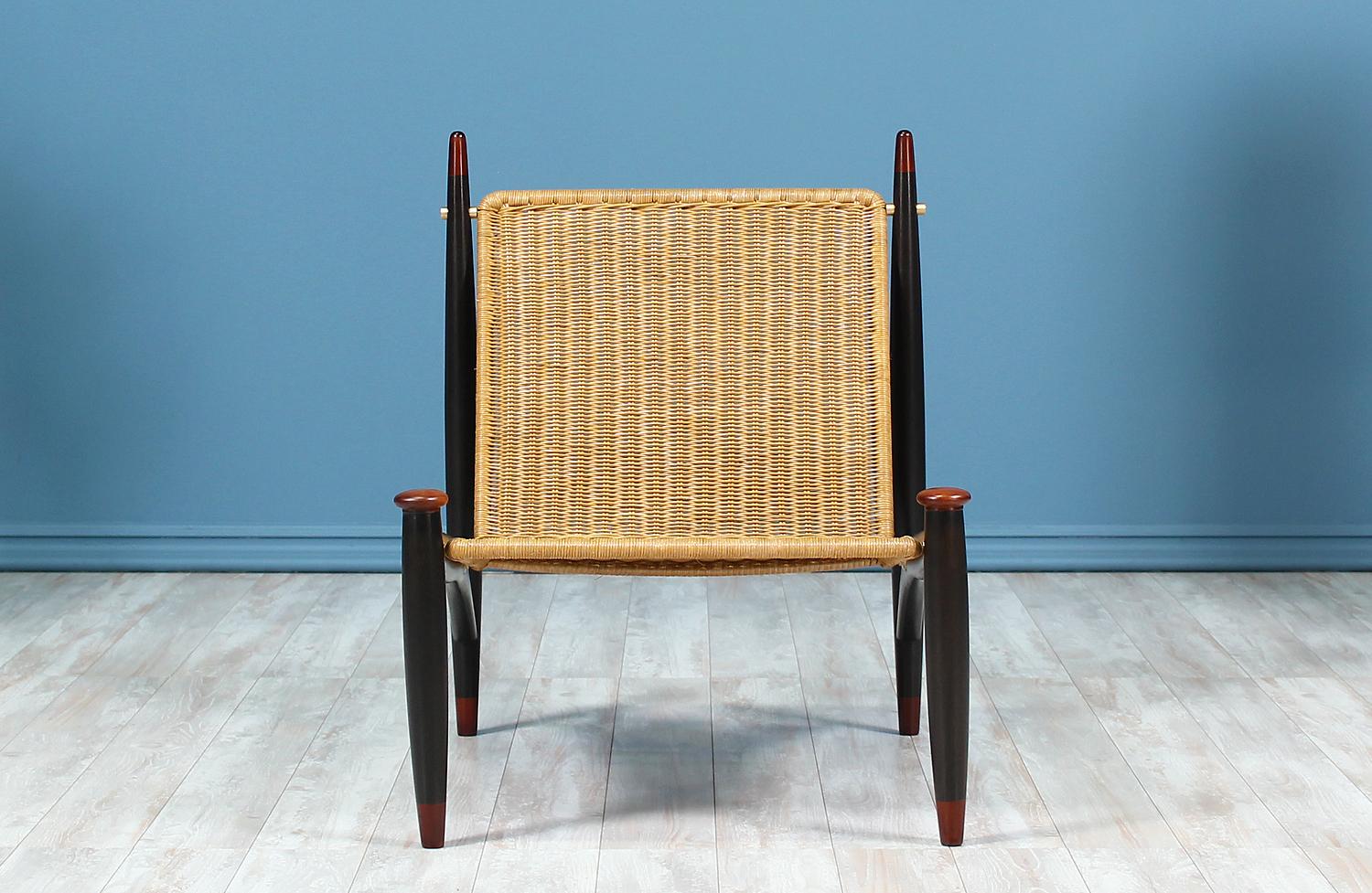 Mexican Modernist Wicker & Rosewood Lounge Chair by Frank Kyle In Excellent Condition In Los Angeles, CA