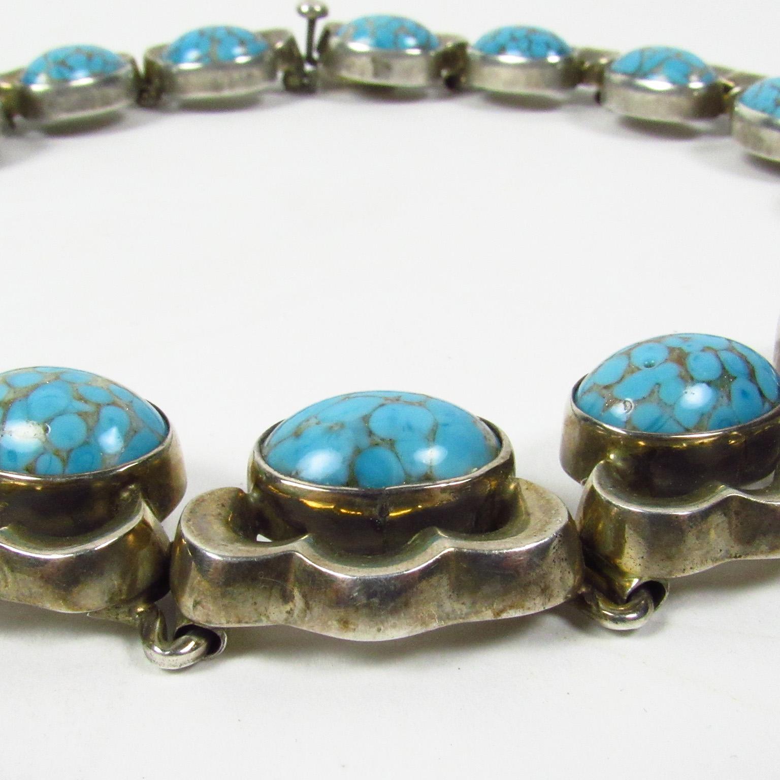 Mexican Murano Glass and Sterling Silver Collar Necklace In Excellent Condition In Concord, MA