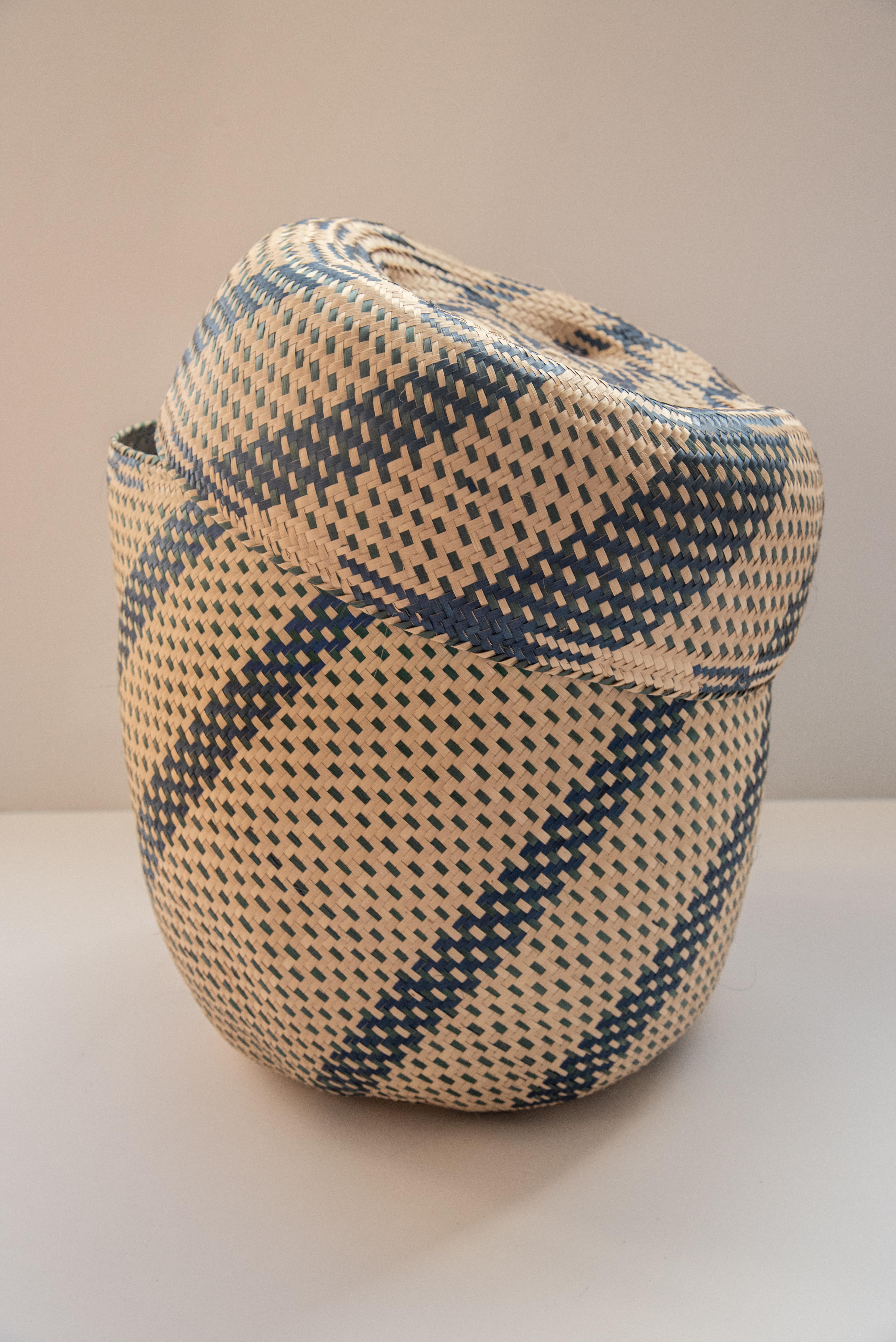 Hand-Painted Mexican Natural Fiber Basket Made in Oaxaca Rustic Geometric Blue & Green Design