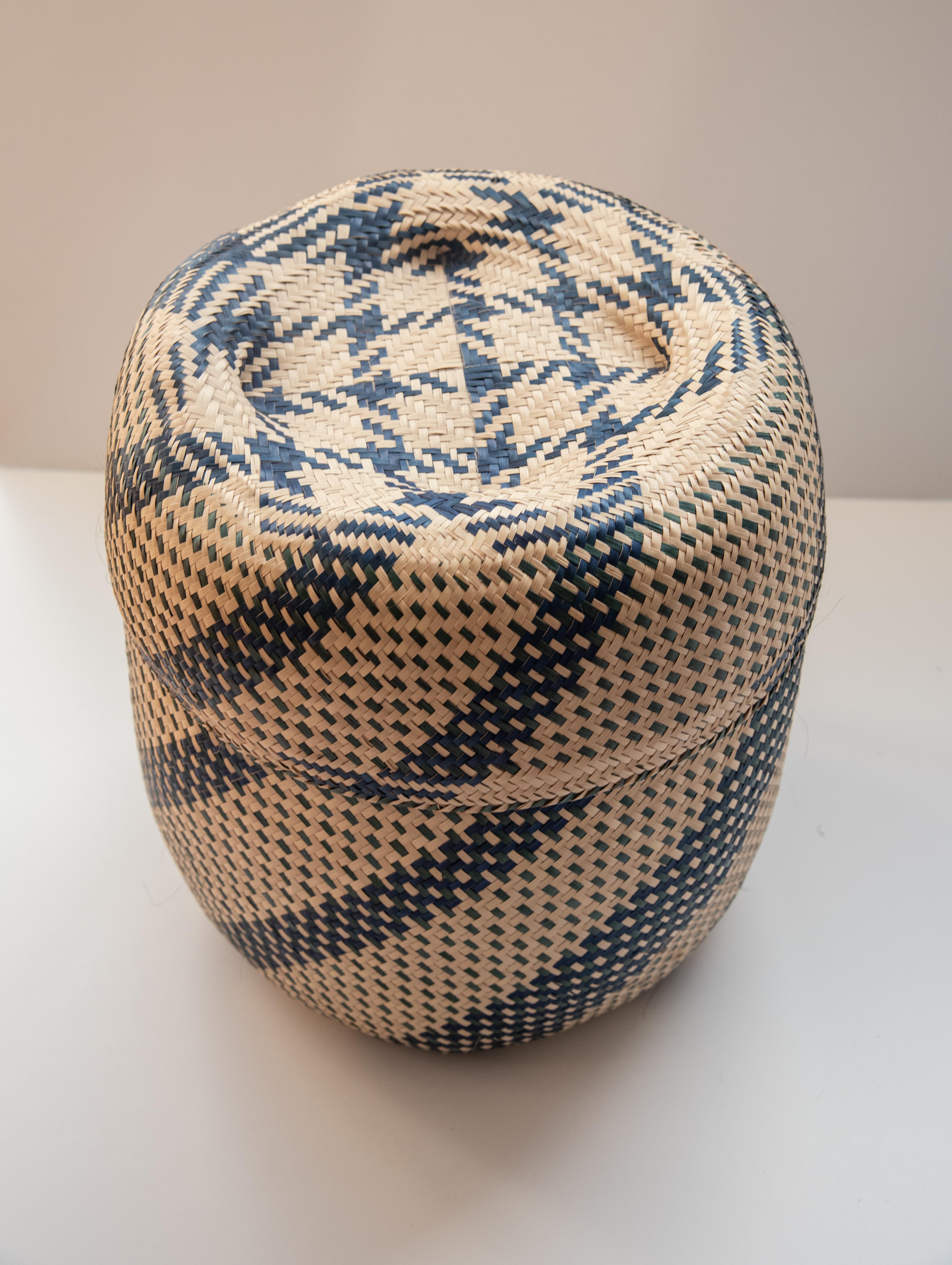 Mexican Natural Fiber Basket Made in Oaxaca Rustic Geometric Blue & Green Design In New Condition In Queretaro, Queretaro