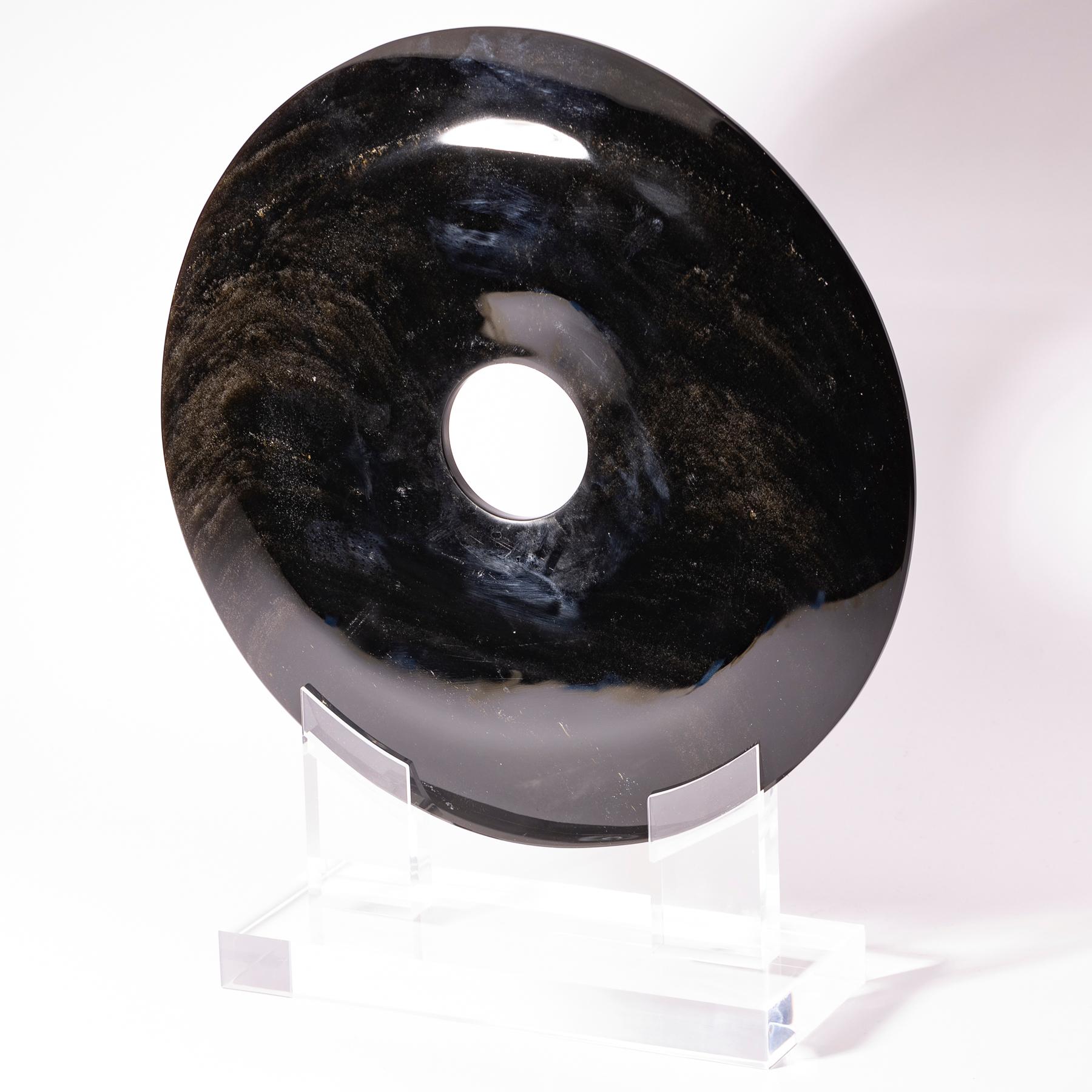 Organic Modern Mexican Obsidian with Gold Shine Disk Sculpture on Custom Acrylic Base