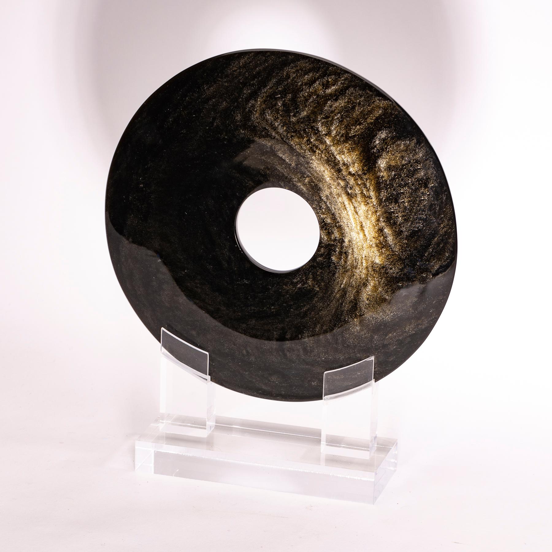 Organic Modern Mexican Obsidian with Gold Shine Disk Sculpture on Custom Acrylic Base