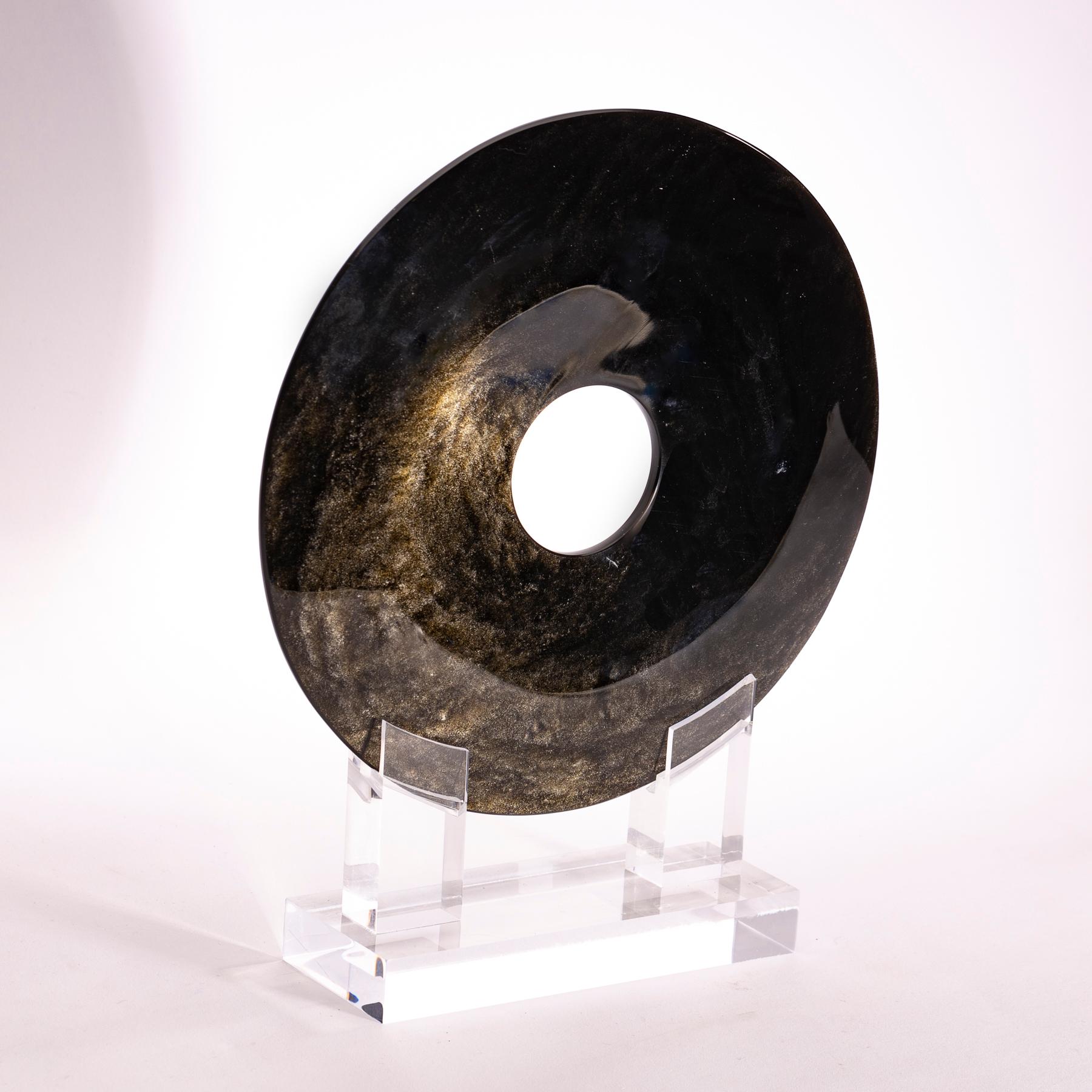 Mexican Obsidian with Gold Shine Disk Sculpture on Custom Acrylic Base In New Condition In Polanco, CDMX