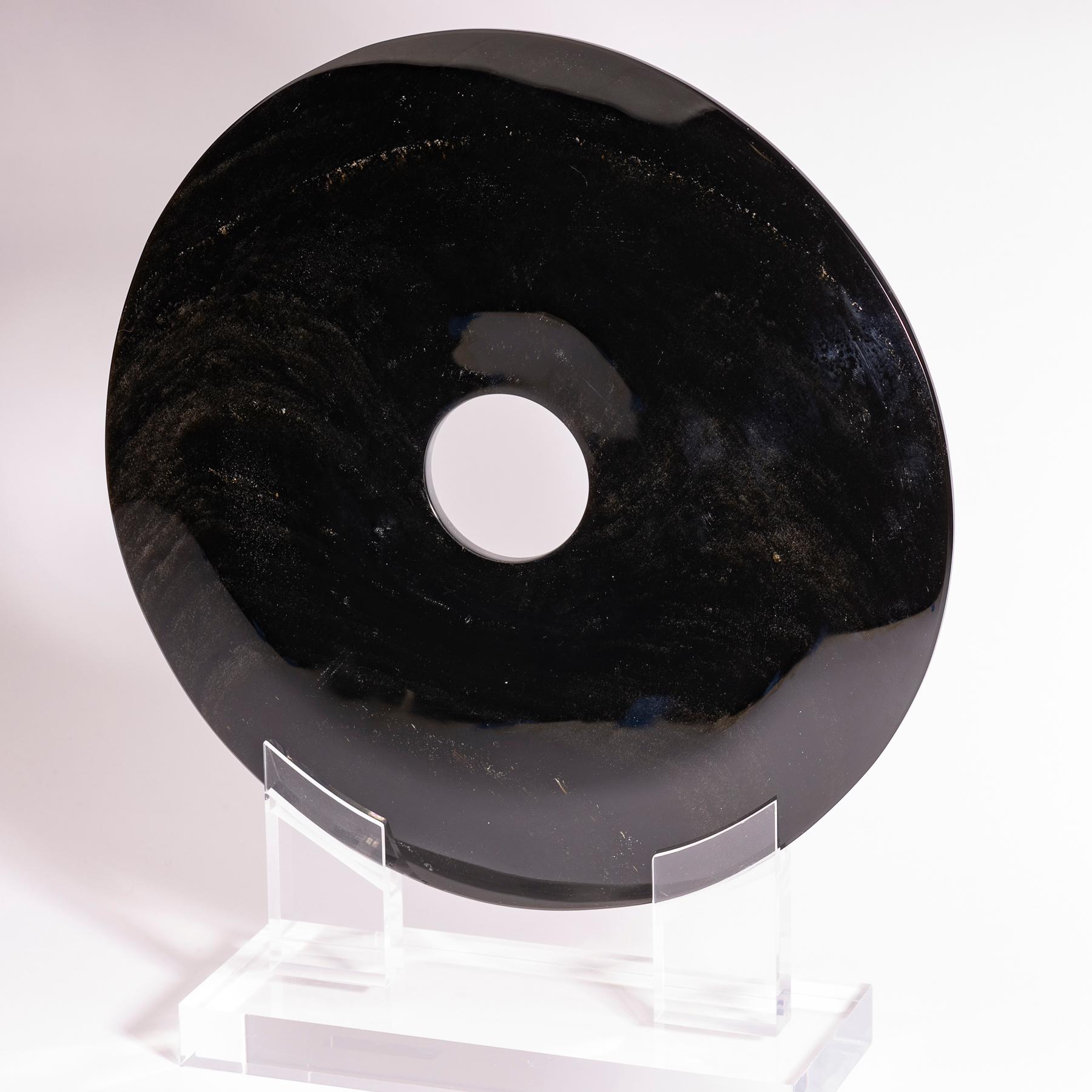 Contemporary Mexican Obsidian with Gold Shine Disk Sculpture on Custom Acrylic Base