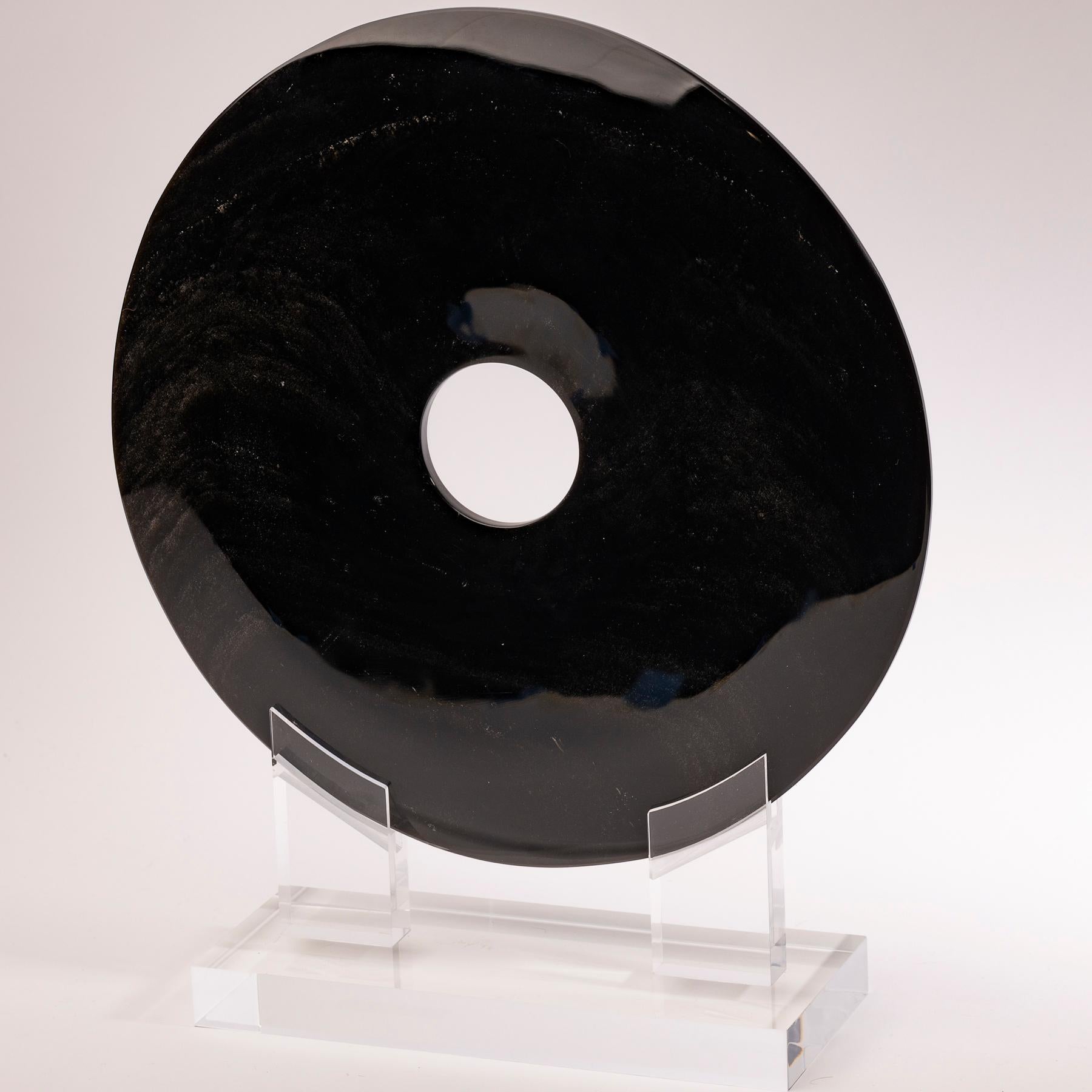 Mexican Obsidian with Gold Shine Disk Sculpture on Custom Acrylic Base 2