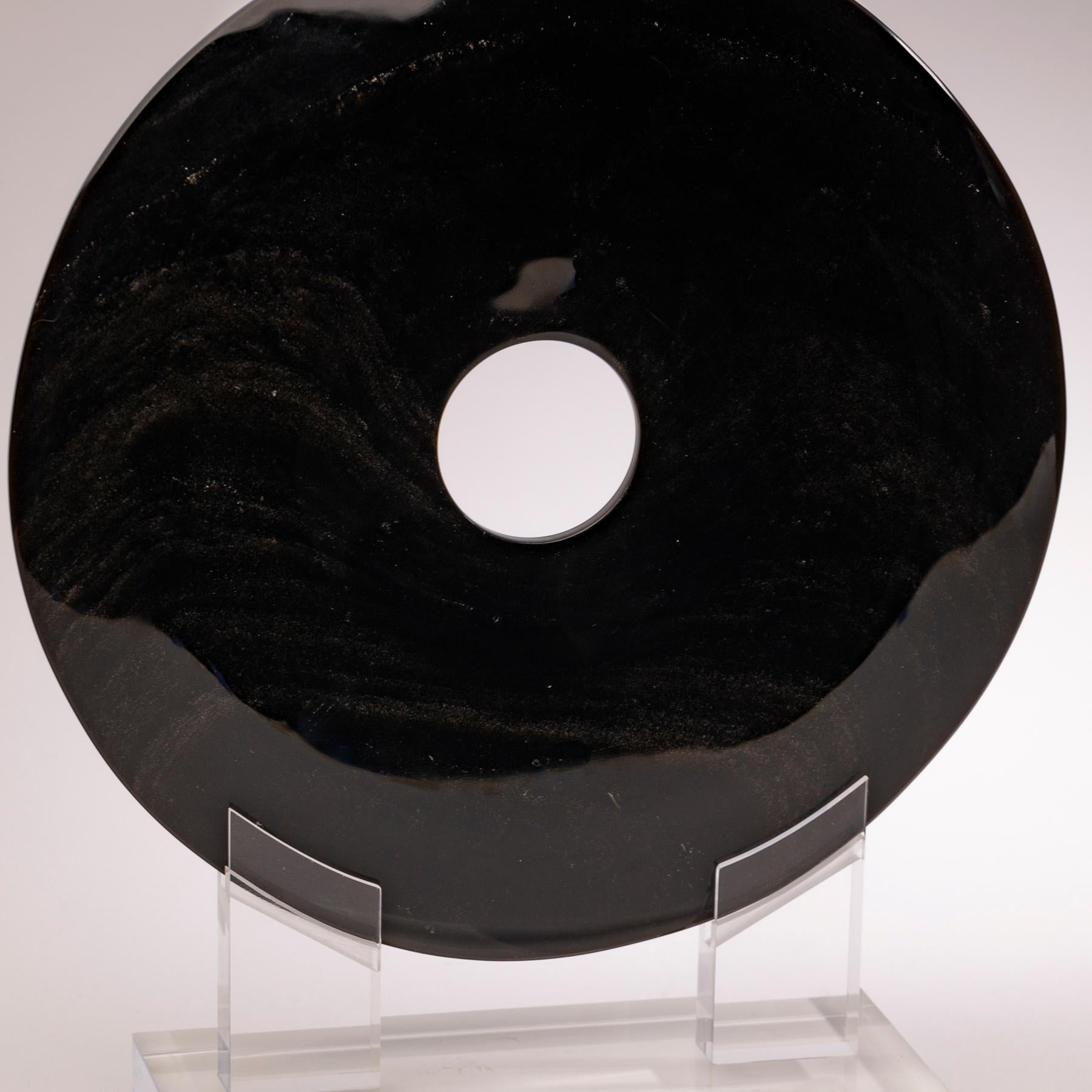 Mexican Obsidian with Gold Shine Disk Sculpture on Custom Acrylic Base 3