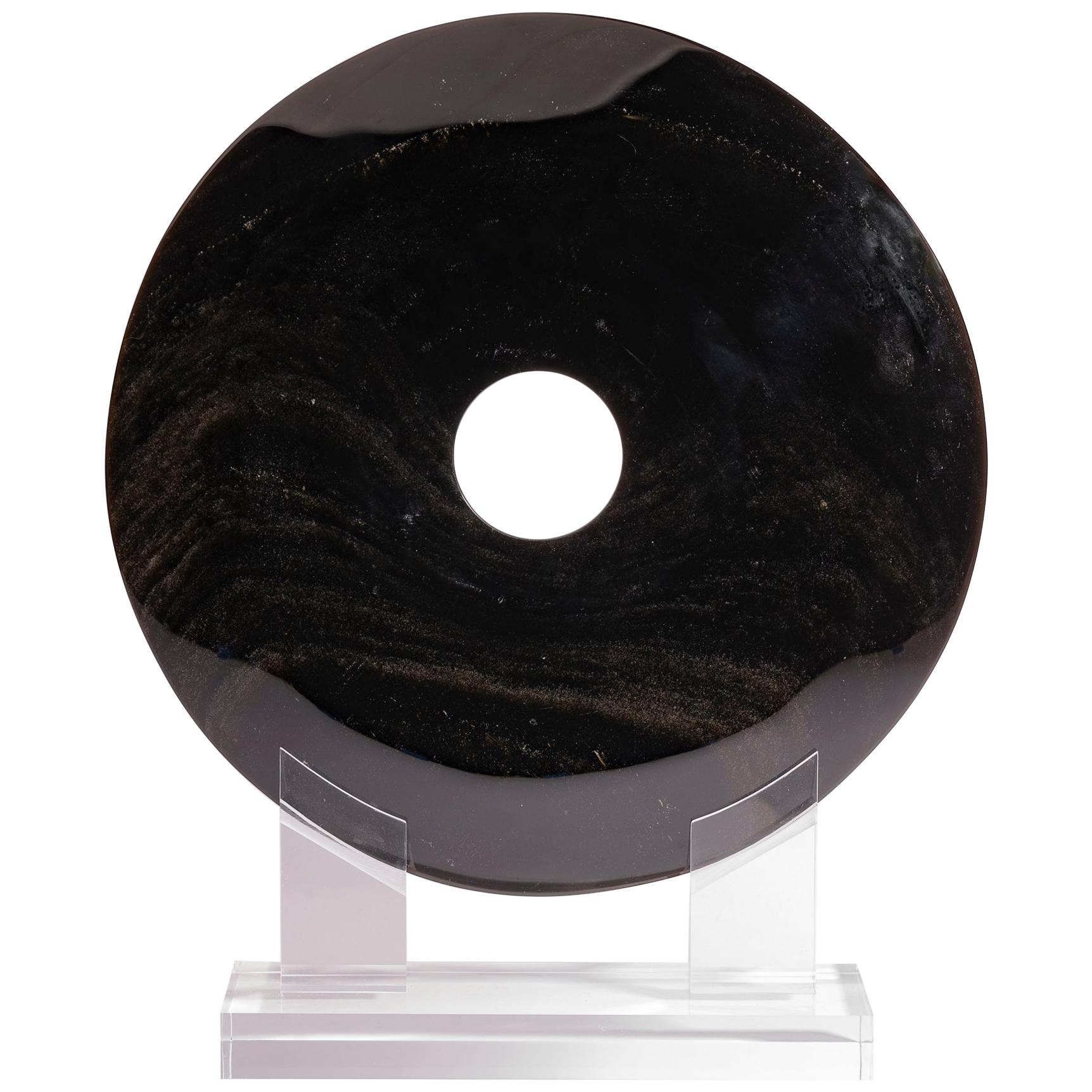 Mexican Obsidian with Gold Shine Disk Sculpture on Custom Acrylic Base