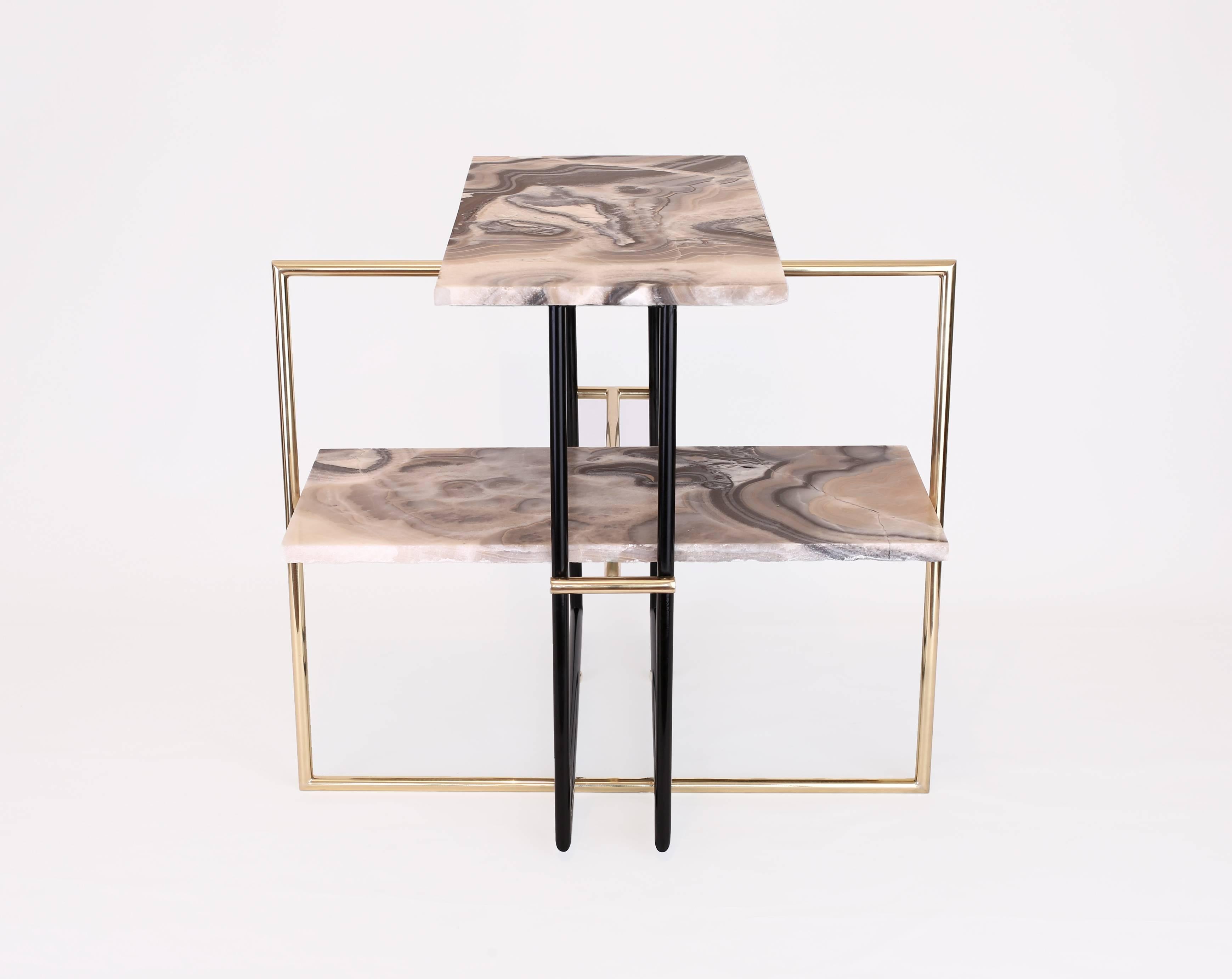 Hand-Carved Mexican Onyx Stone and Brass UÑA Side Coffee Table Design by Nomade Atelier For Sale