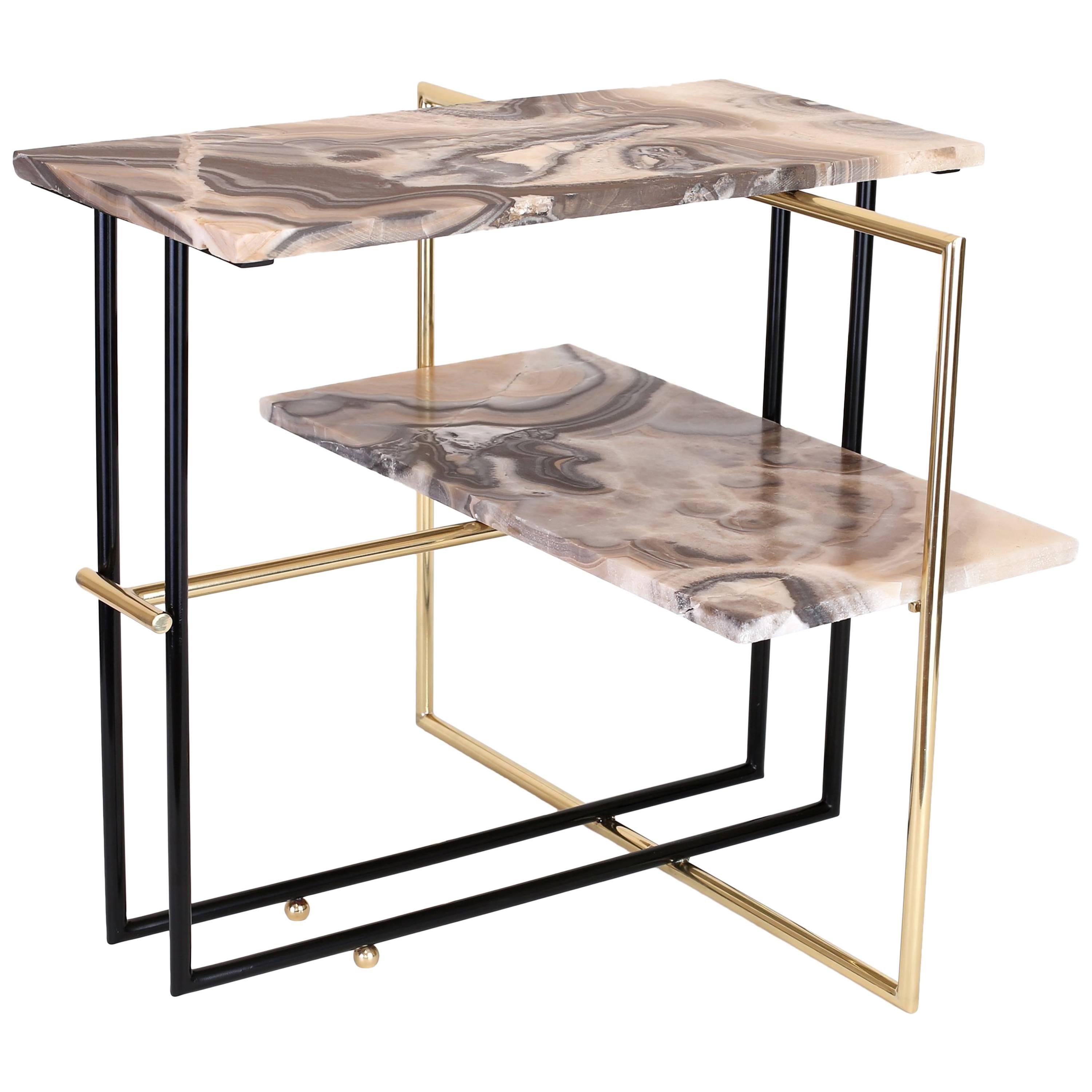 Mexican Onyx Stone and Brass UÑA Side Coffee Table Design by Nomade Atelier