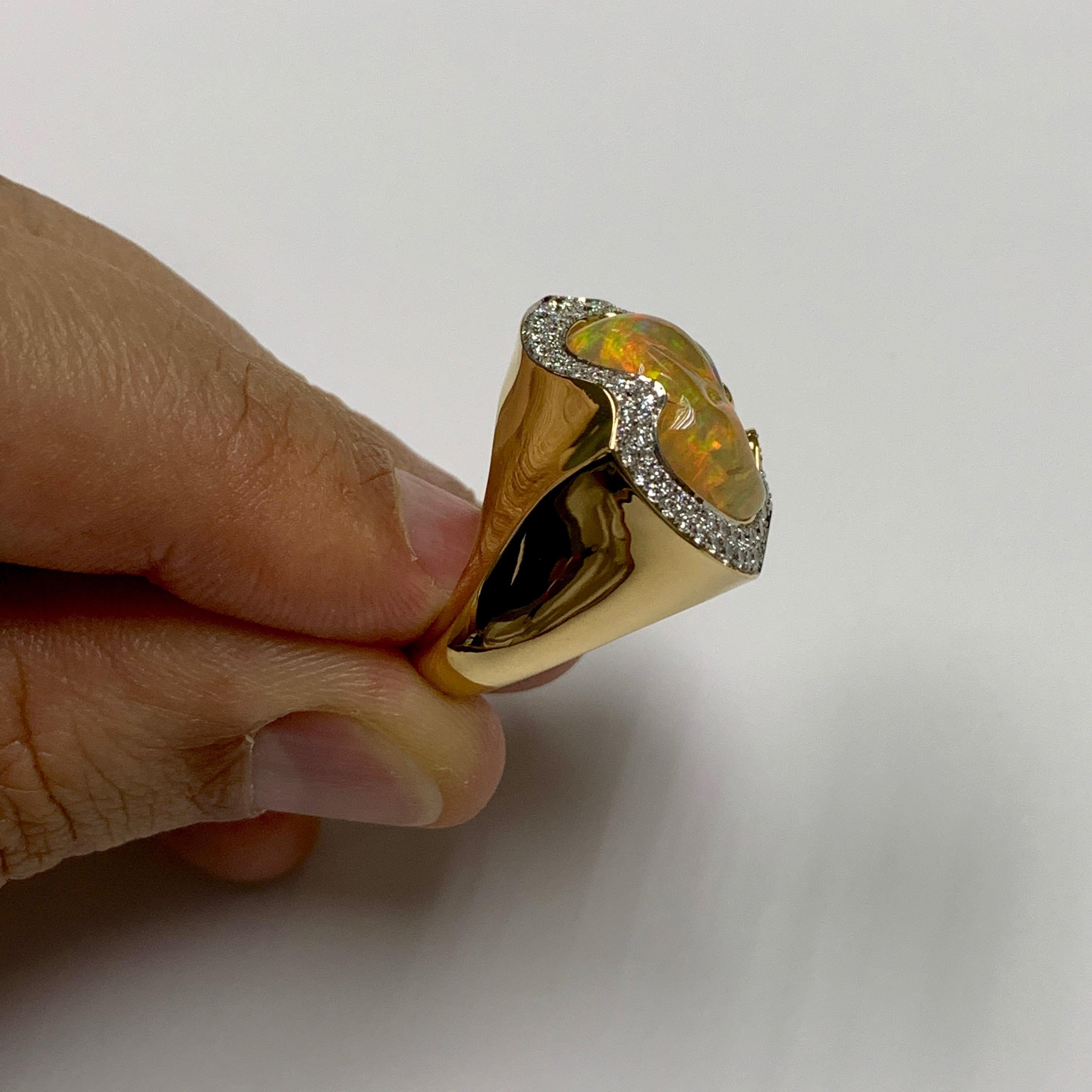 Contemporary Mexican Opal 10.6 Carat Diamonds One of a Kind 18 Karat Yellow Gold Ring For Sale