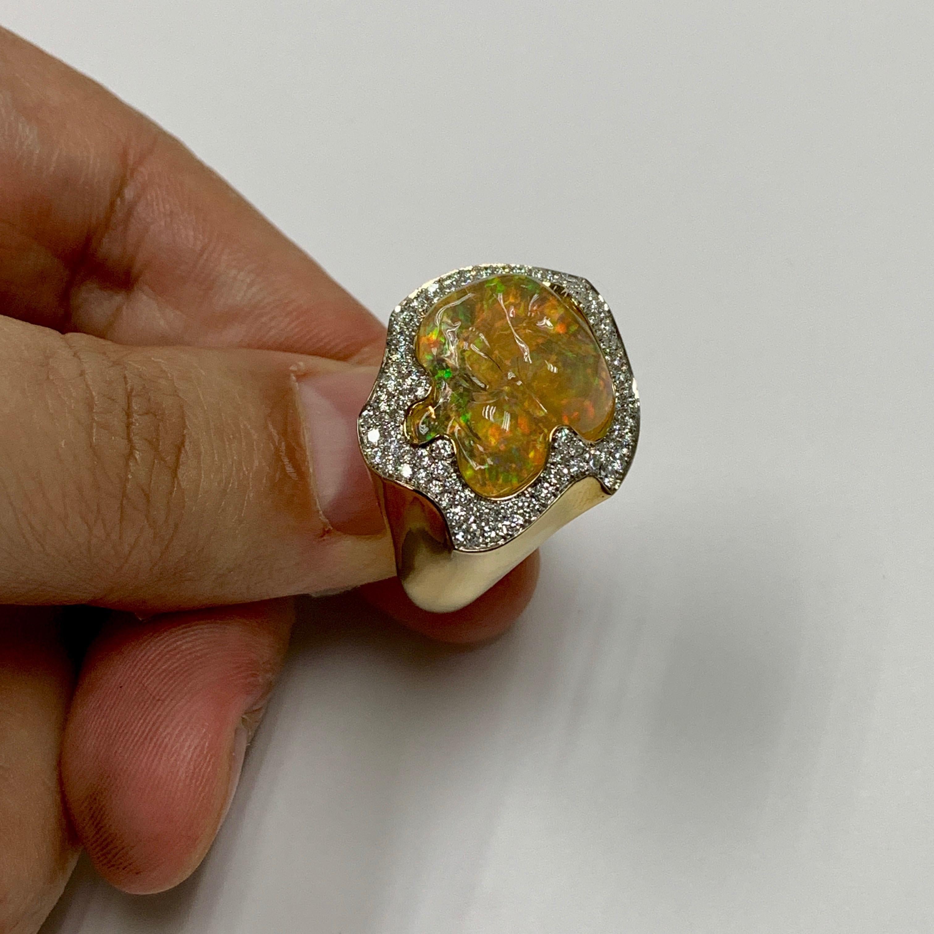 Sugarloaf Cabochon Mexican Opal 10.6 Carat Diamonds One of a Kind 18 Karat Yellow Gold Ring For Sale