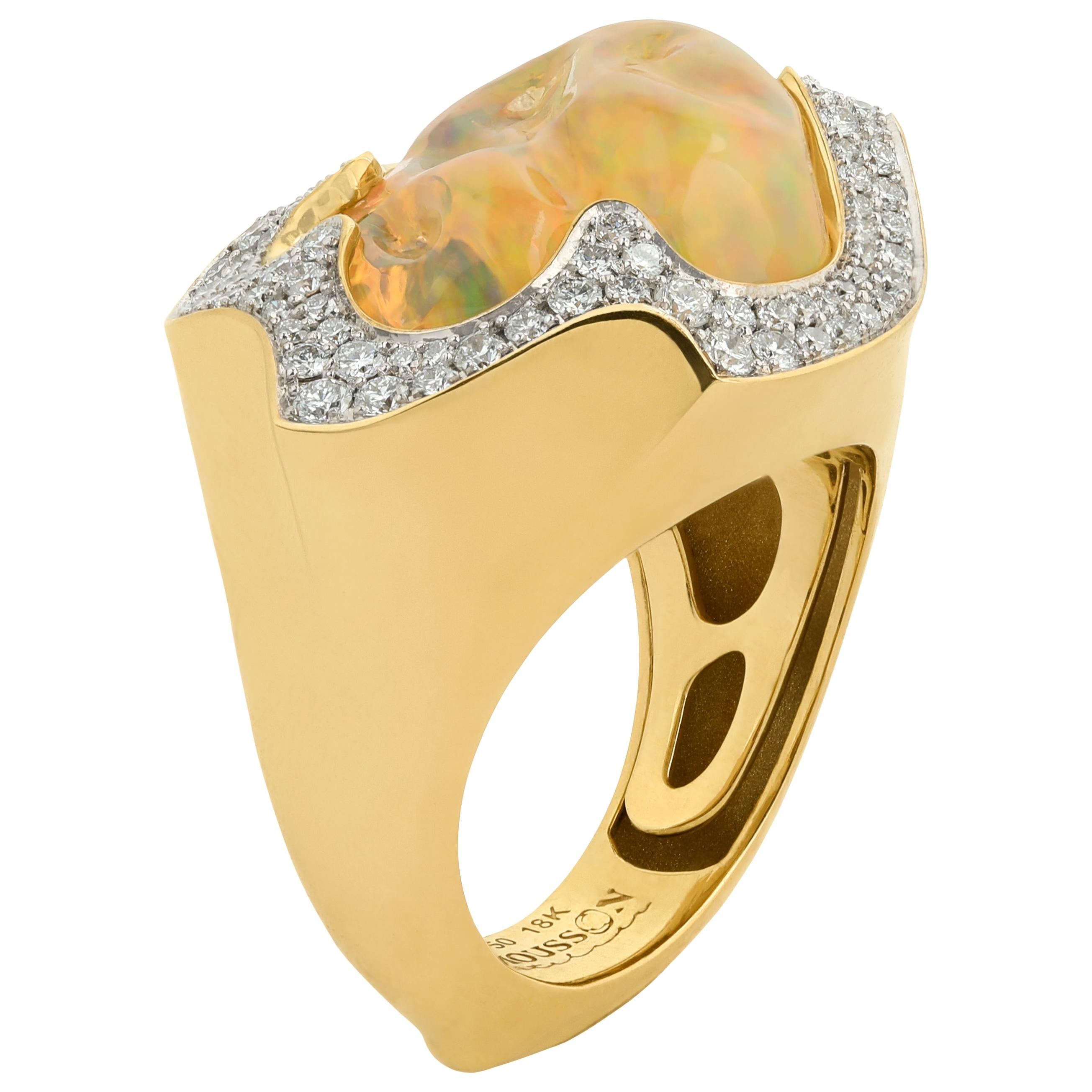 Mexican Opal 10.6 Carat Diamonds One of a Kind 18 Karat Yellow Gold Ring