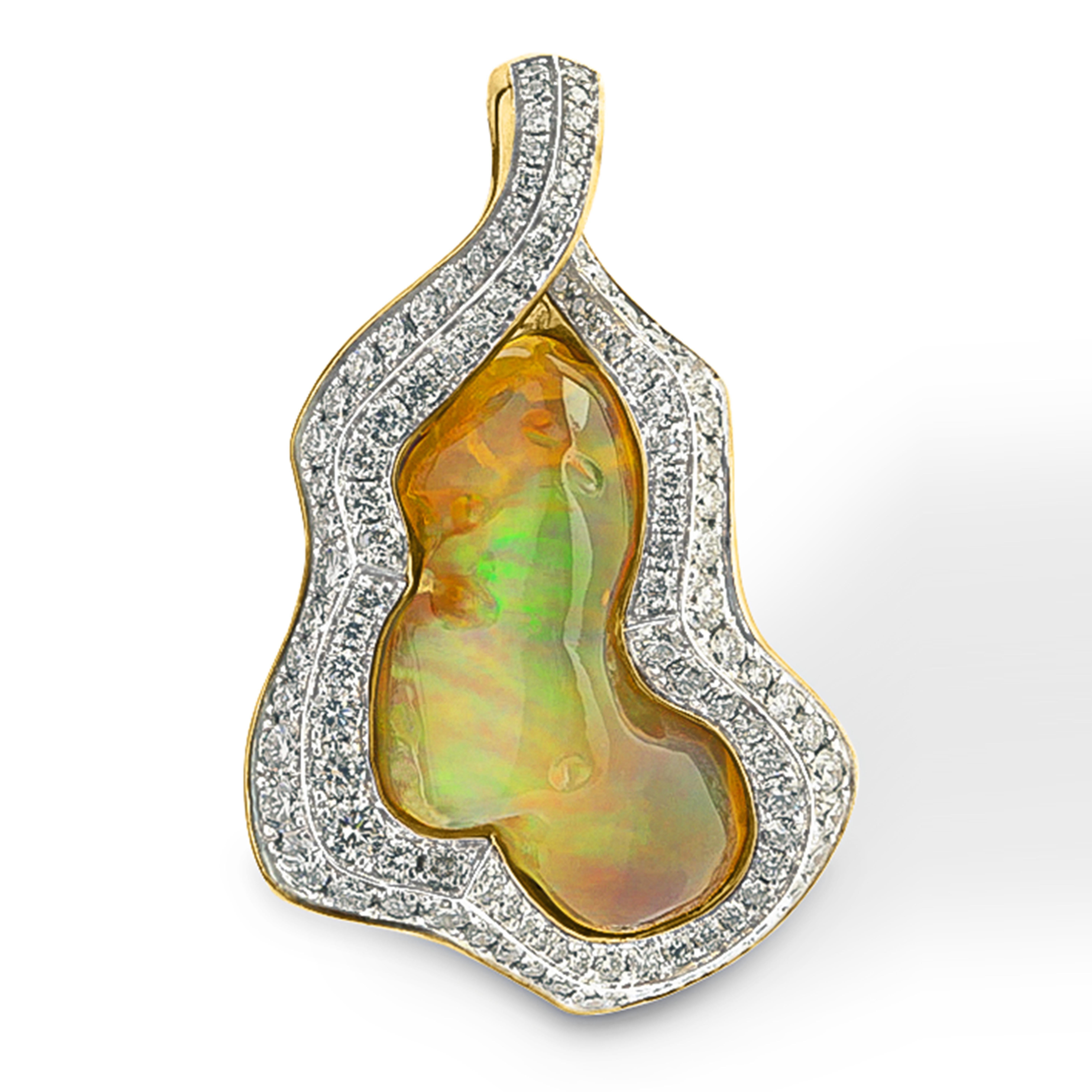 Contemporary Mexican Opal 13.48 Carat Diamonds One of a Kind 18 Karat Yellow Gold Pendant For Sale