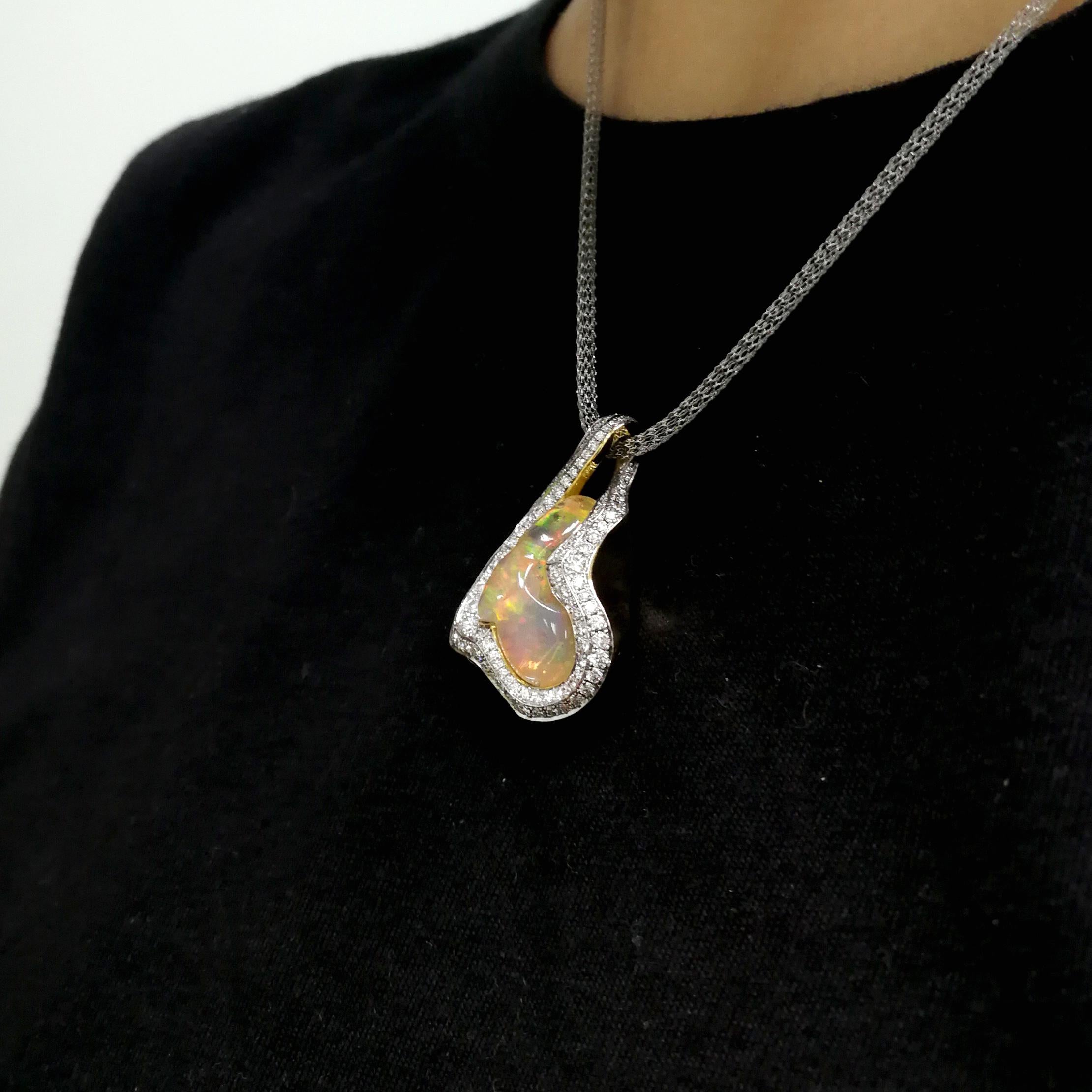 Women's Mexican Opal 13.48 Carat Diamonds One of a Kind 18 Karat Yellow Gold Pendant For Sale