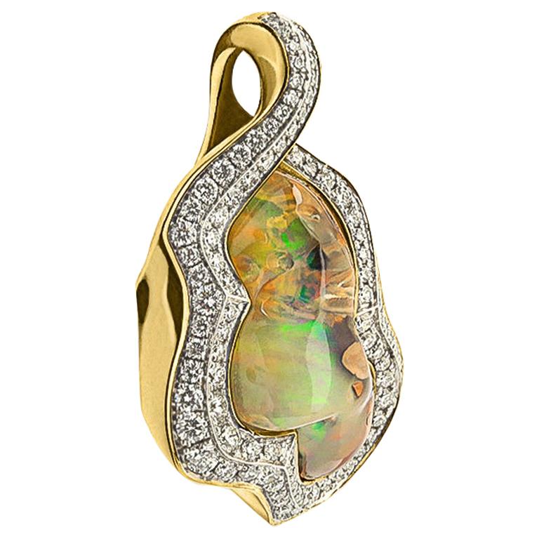 Mexican Opal 13.48 Carat Diamonds One of a Kind 18 Karat Yellow Gold Pendant For Sale