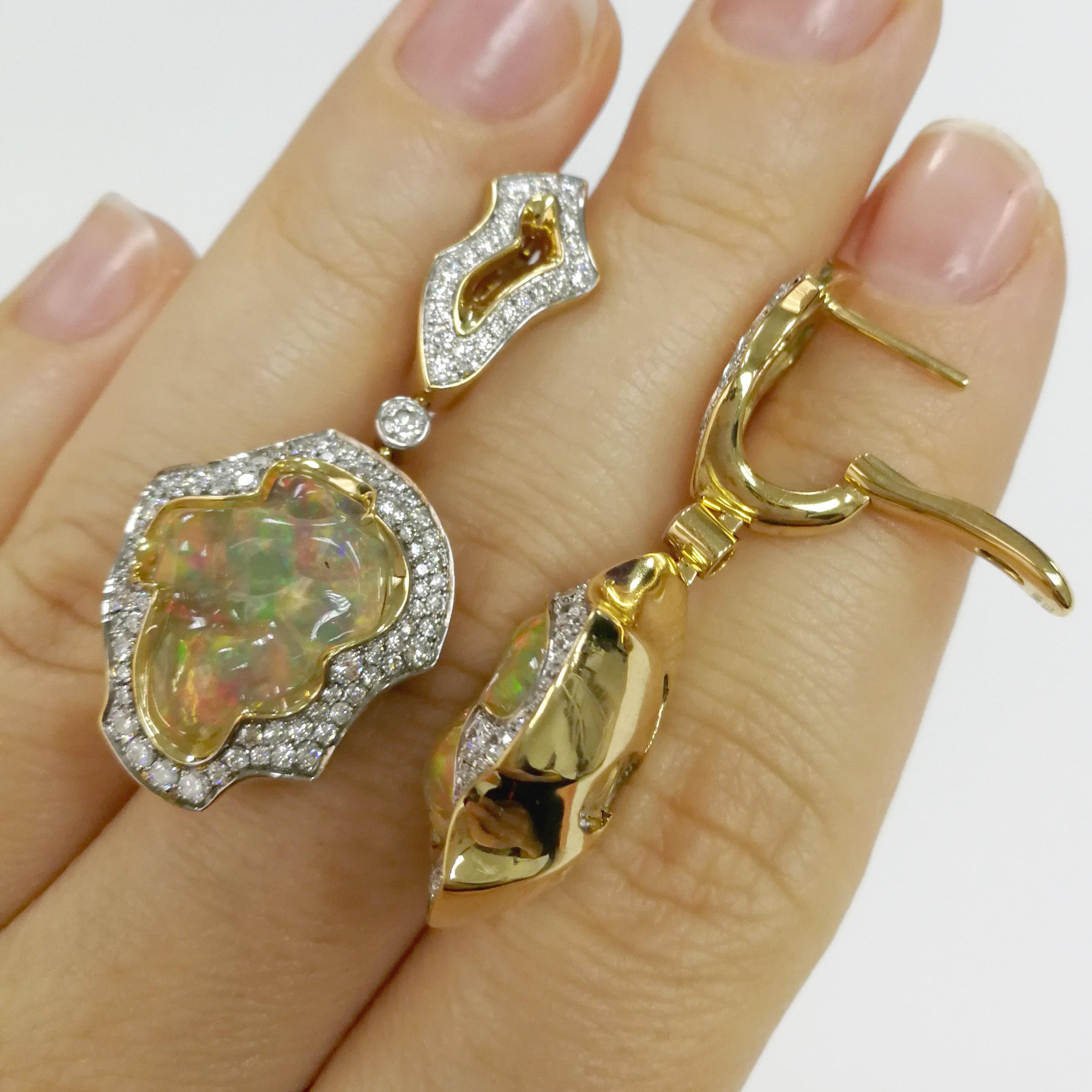 Contemporary Mexican Opal 14.47 Carat Diamonds One of a Kind 18 Karat Yellow Gold Earrings For Sale