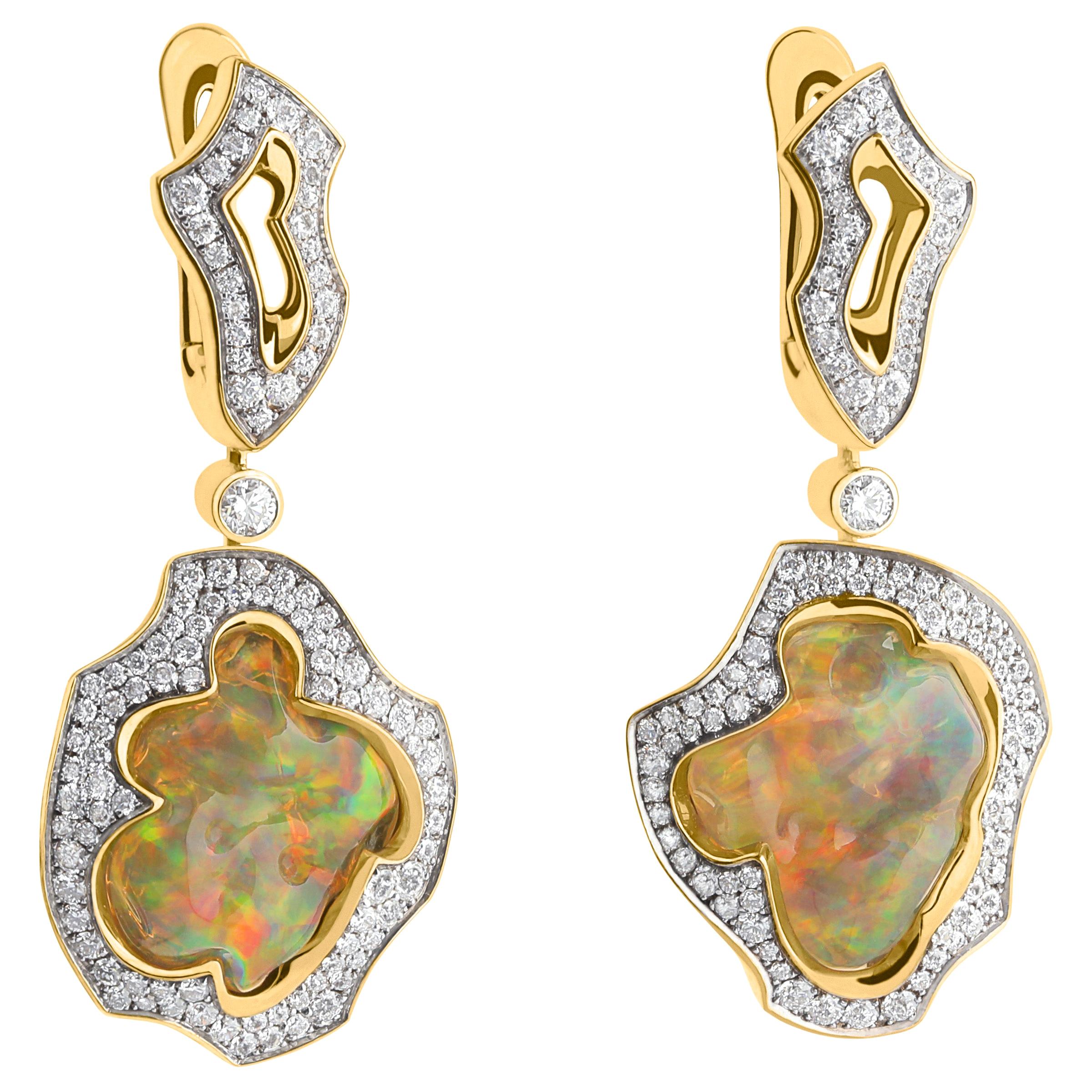 Mexican Opal 14.47 Carat Diamonds One of a Kind 18 Karat Yellow Gold Earrings For Sale