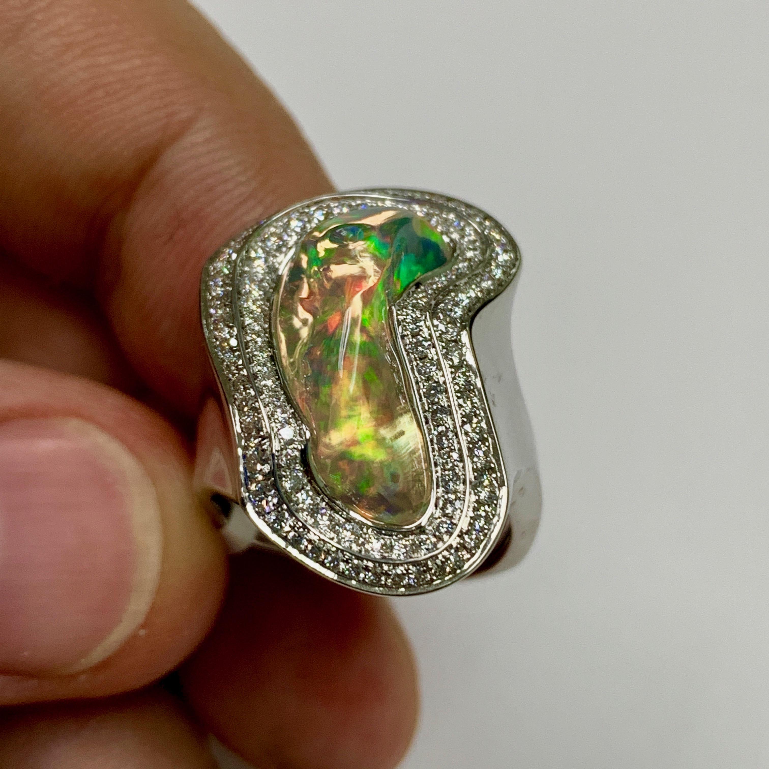 Mexican Opal 5.17 Carat Diamonds One of a Kind 18 Karat White Gold Ring For Sale 2