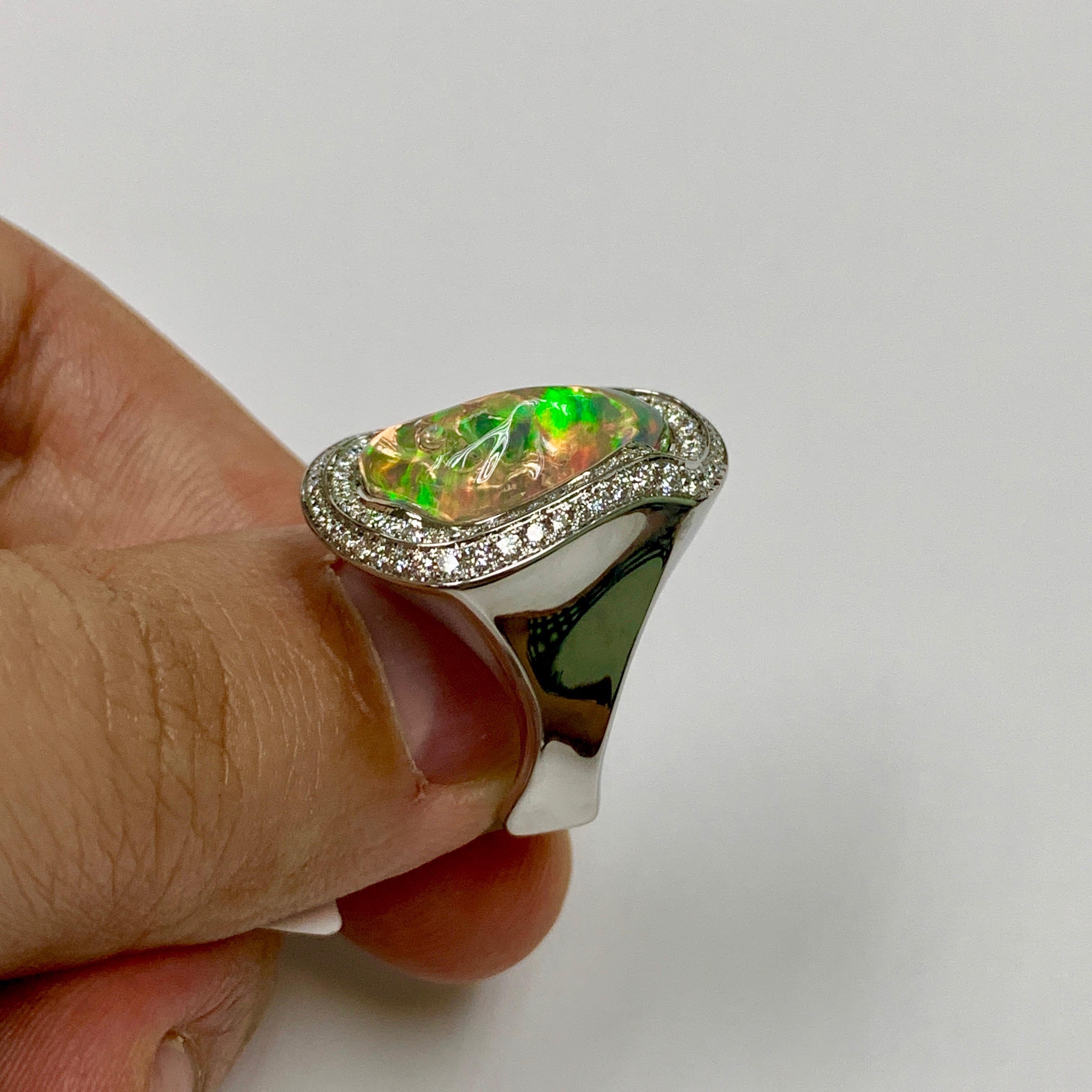 Contemporary Mexican Opal 5.17 Carat Diamonds One of a Kind 18 Karat White Gold Ring For Sale