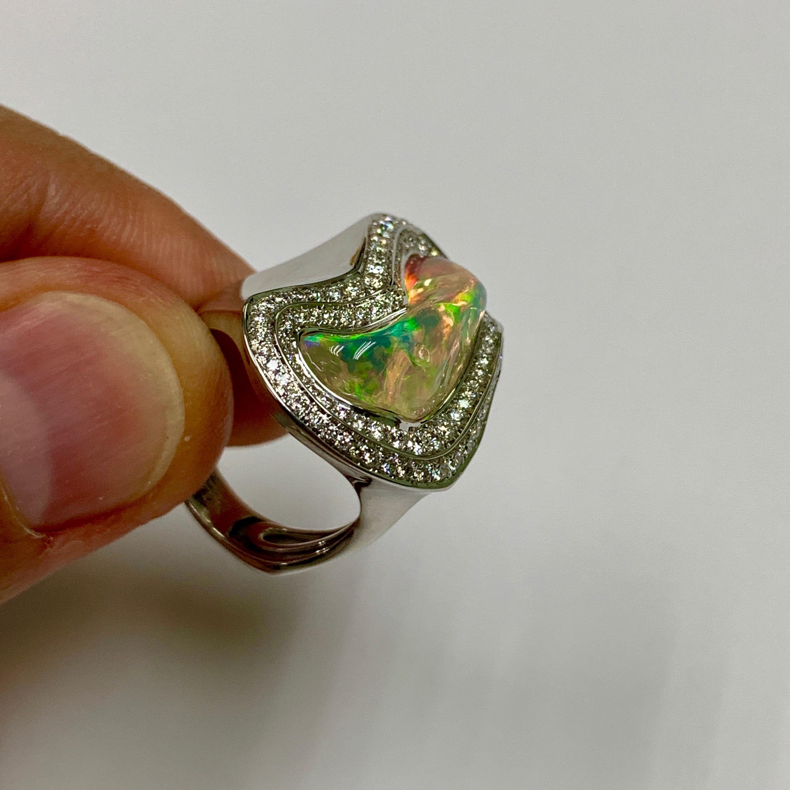 Sugarloaf Cabochon Mexican Opal 5.17 Carat Diamonds One of a Kind 18 Karat White Gold Ring For Sale