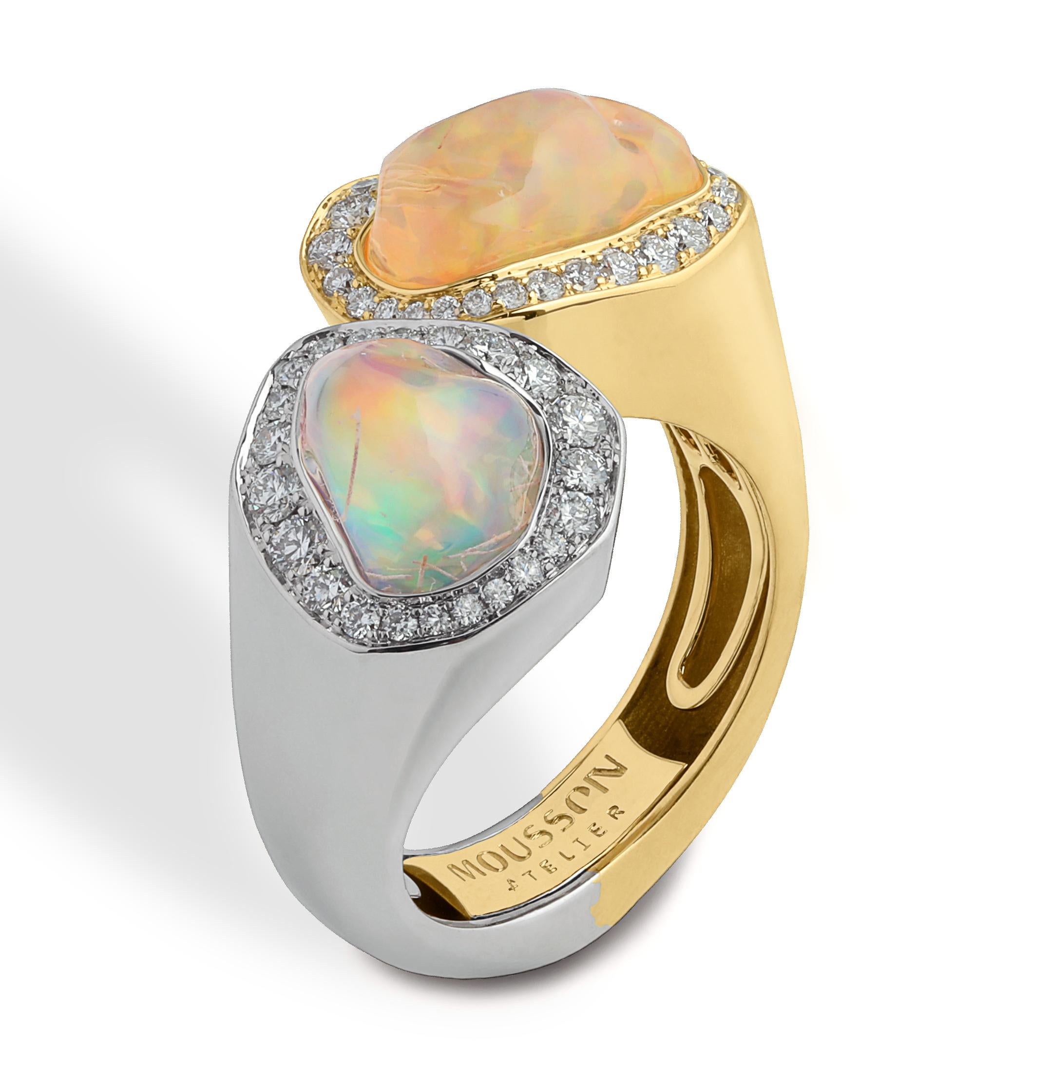 Mexican Opal 5.84 Carat Diamonds One of a Kind 18 Karat Yellow White Gold Ring
Opals, unlike many other stones, are almost impossible to cut, they are always unique. Therefore, jewelry with Opals is always improvisation. It also happened with this