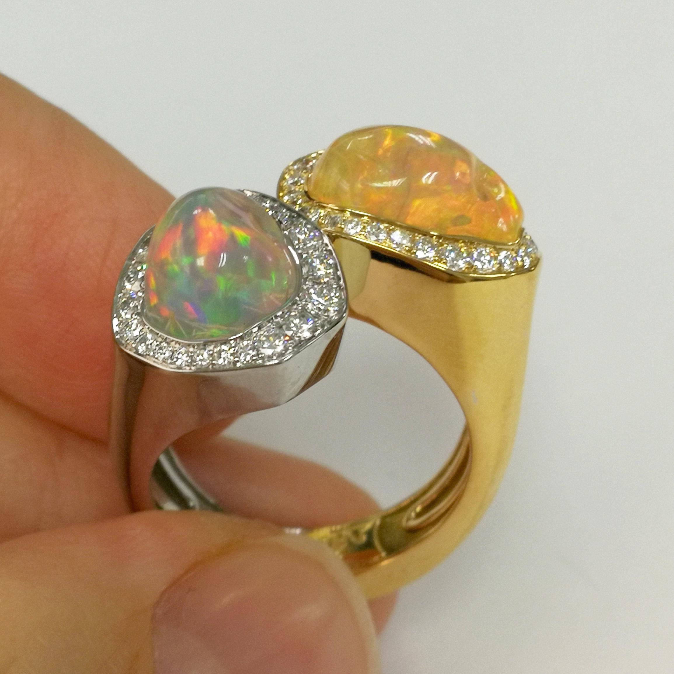 Contemporary Mexican Opal 5.84 Carat Diamonds One of a Kind 18 Karat Yellow White Gold Ring