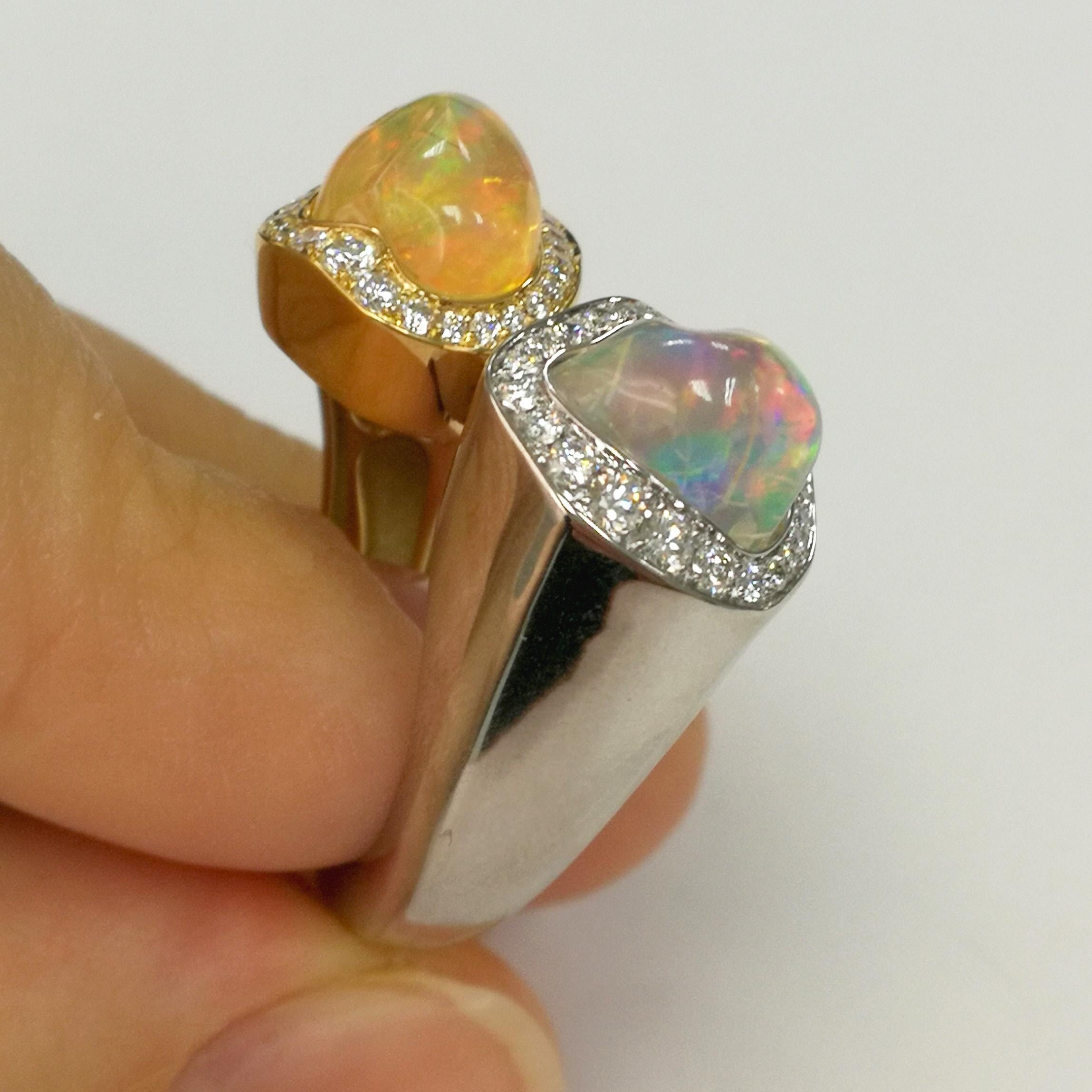 Sugarloaf Cabochon Mexican Opal 5.84 Carat Diamonds One of a Kind 18 Karat Yellow White Gold Ring