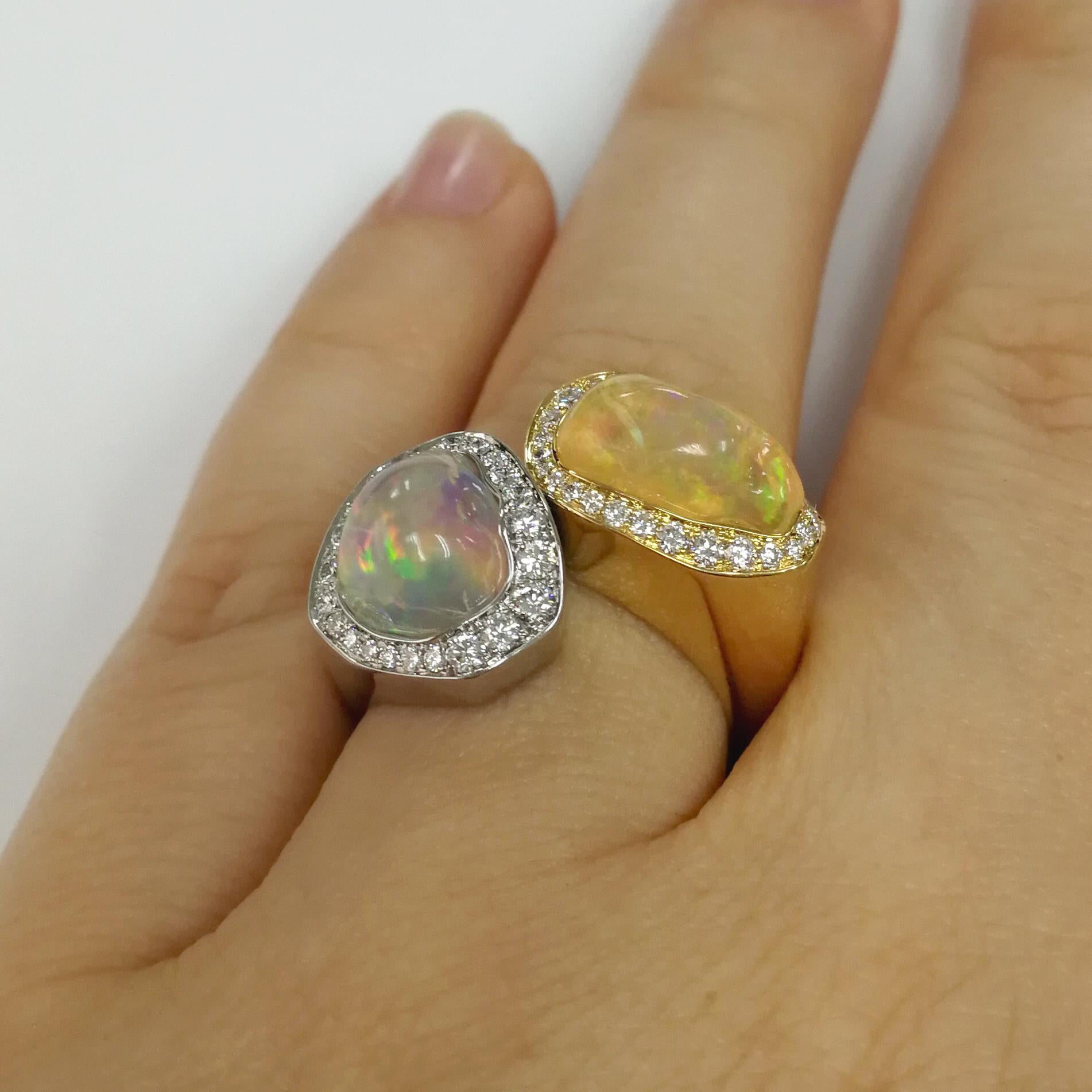 Mexican Opal 5.84 Carat Diamonds One of a Kind 18 Karat Yellow White Gold Ring 2