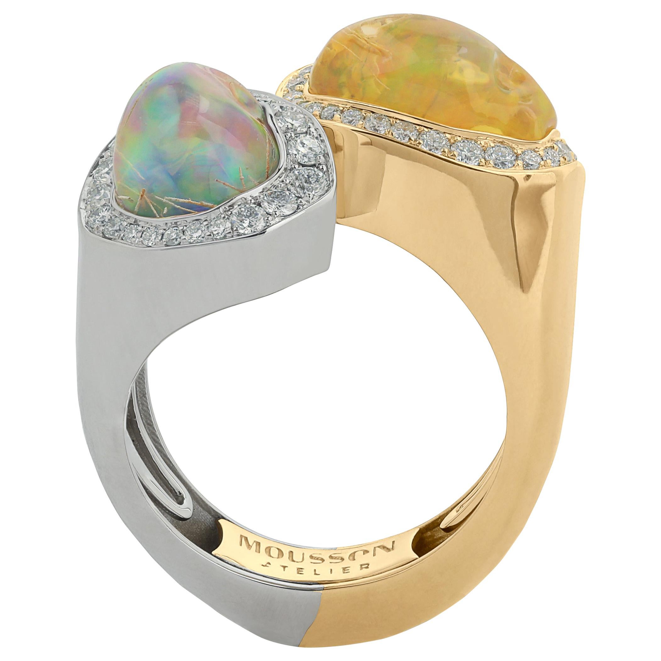 Mexican Opal 5.84 Carat Diamonds One of a Kind 18 Karat Yellow White Gold Ring