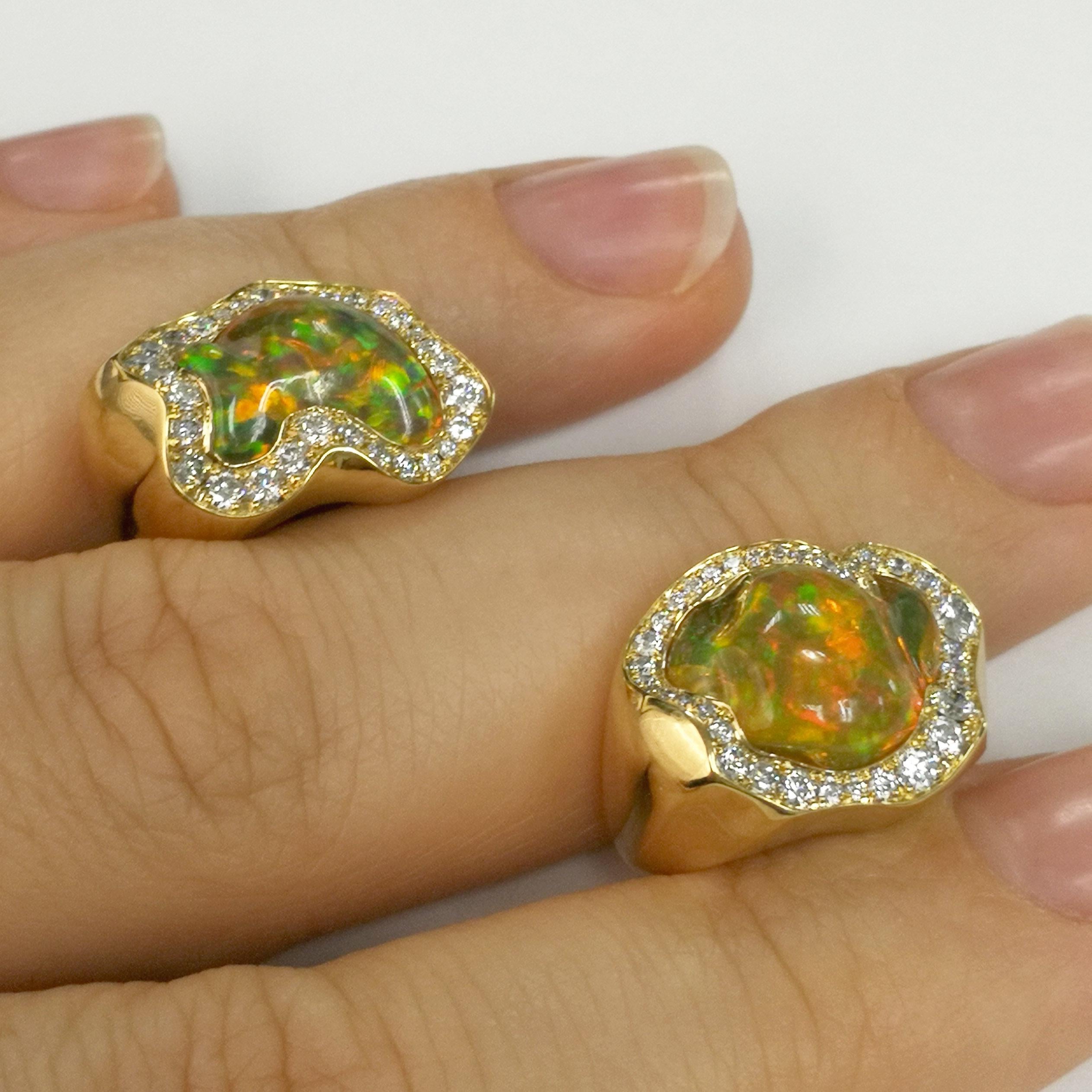 Contemporary Mexican Opal 6.46 Carat Diamonds One of a Kind 18 Karat Yellow Gold Earrings