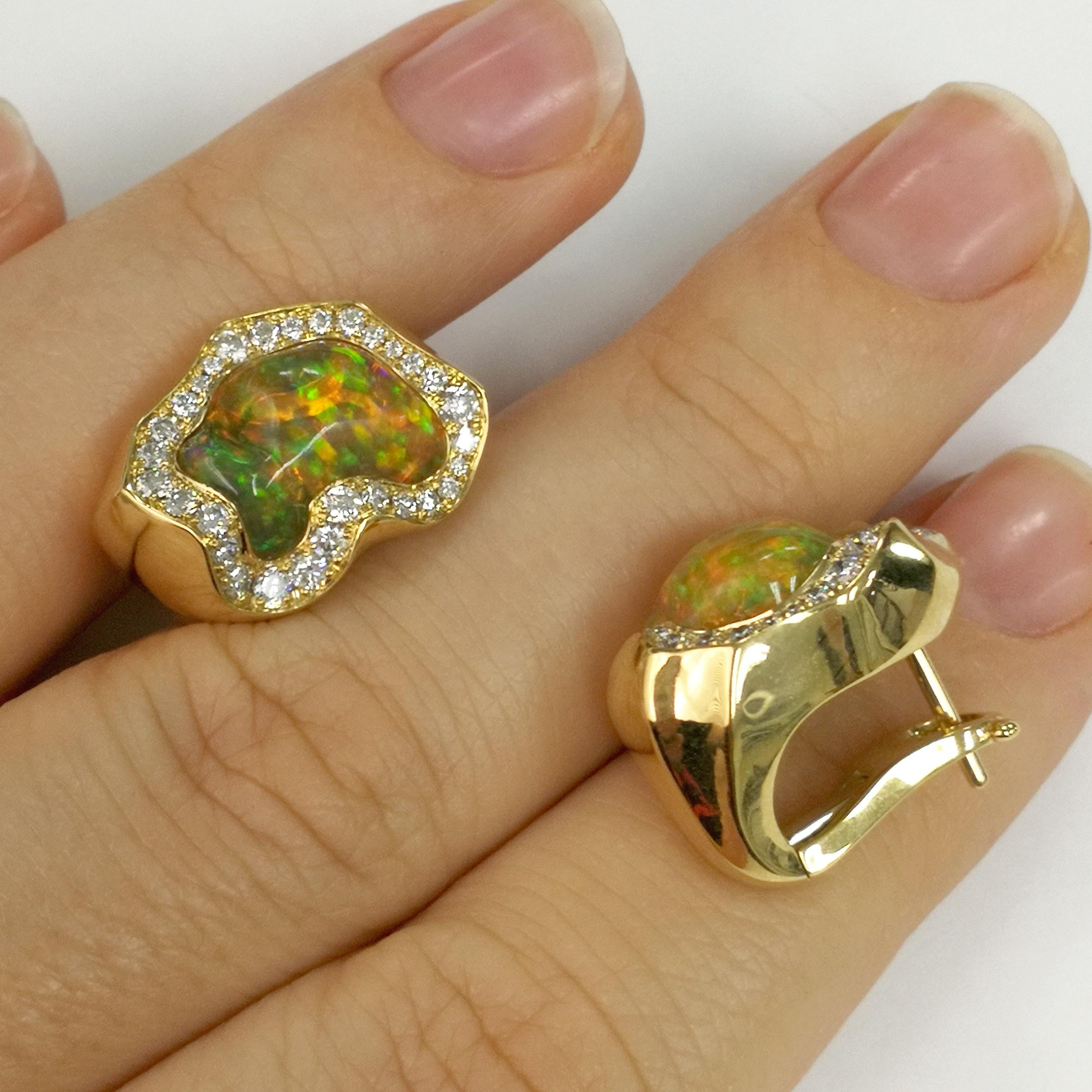 Sugarloaf Cabochon Mexican Opal 6.46 Carat Diamonds One of a Kind 18 Karat Yellow Gold Earrings