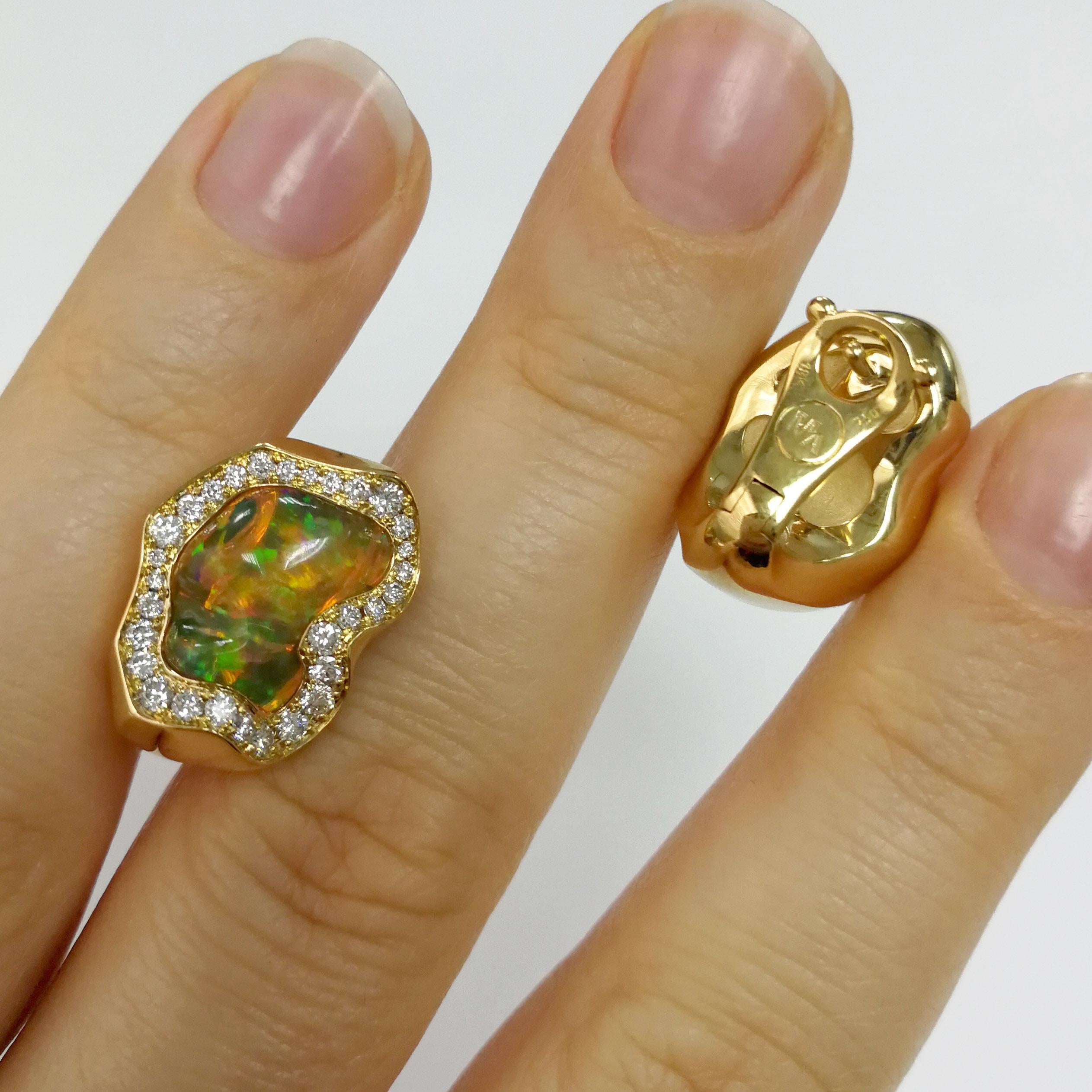 Women's Mexican Opal 6.46 Carat Diamonds One of a Kind 18 Karat Yellow Gold Earrings