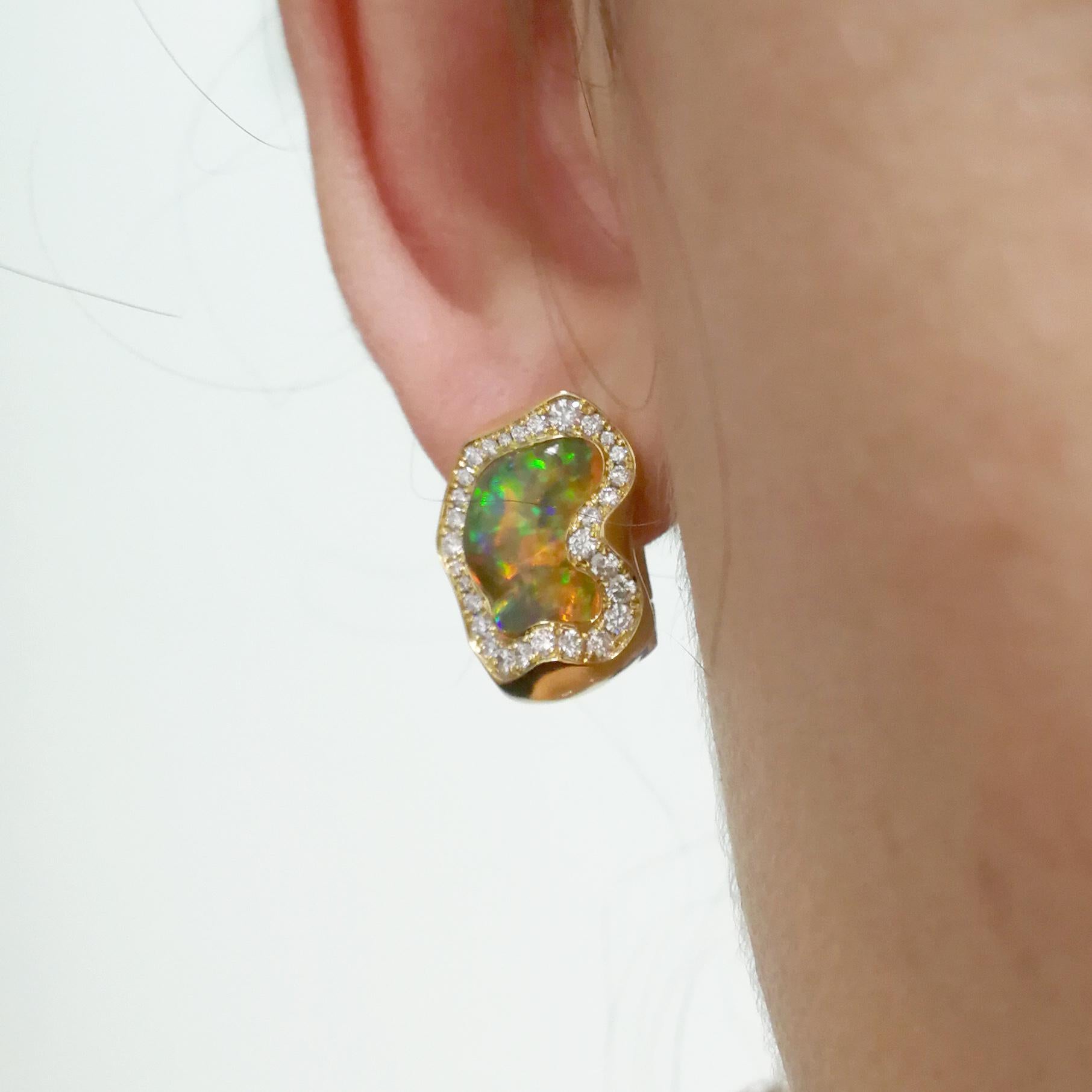 Mexican Opal 6.46 Carat Diamonds One of a Kind 18 Karat Yellow Gold Earrings 1