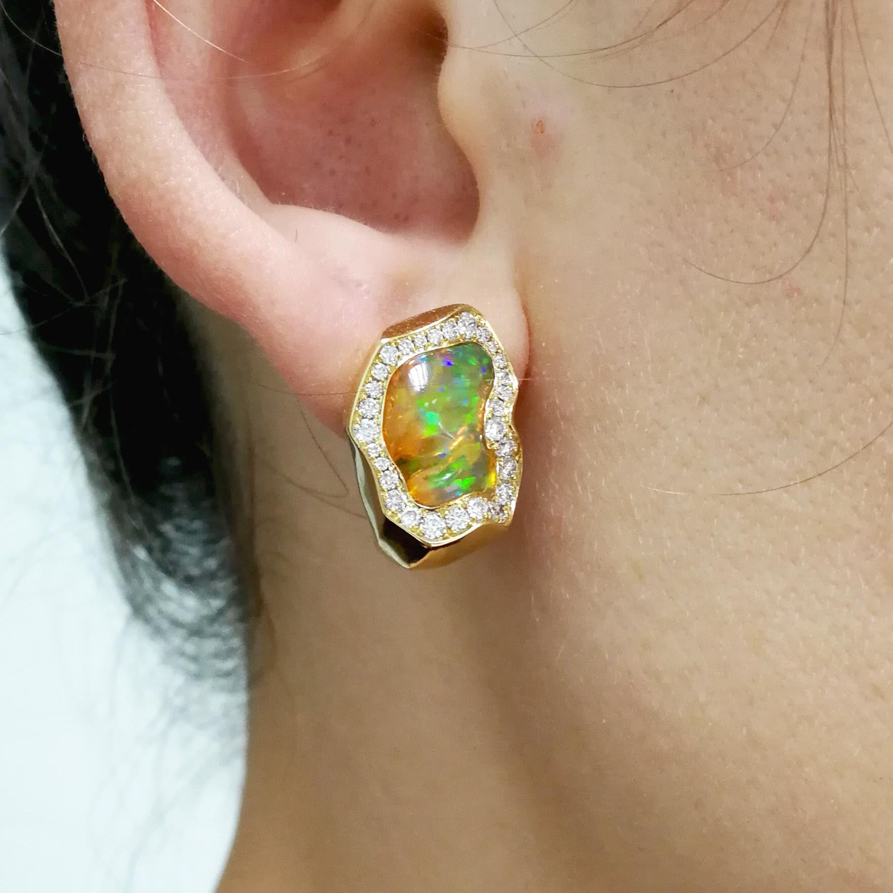 Mexican Opal 6.46 Carat Diamonds One of a Kind 18 Karat Yellow Gold Earrings 3