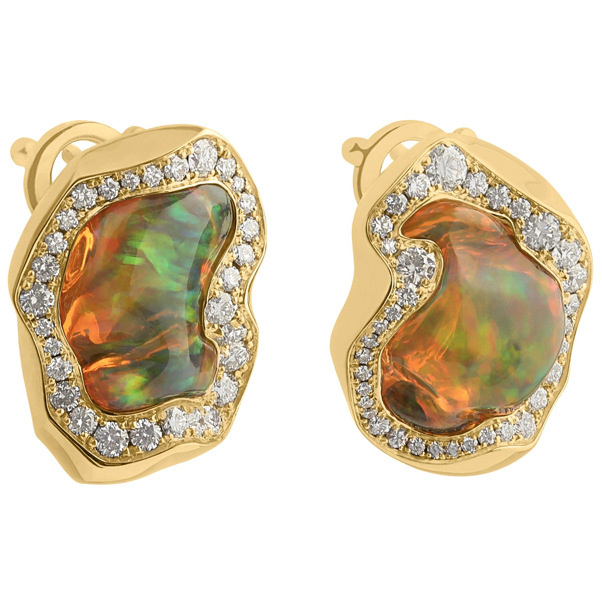Mexican Opal 6.46 Carat Diamonds One of a Kind 18 Karat Yellow Gold Earrings