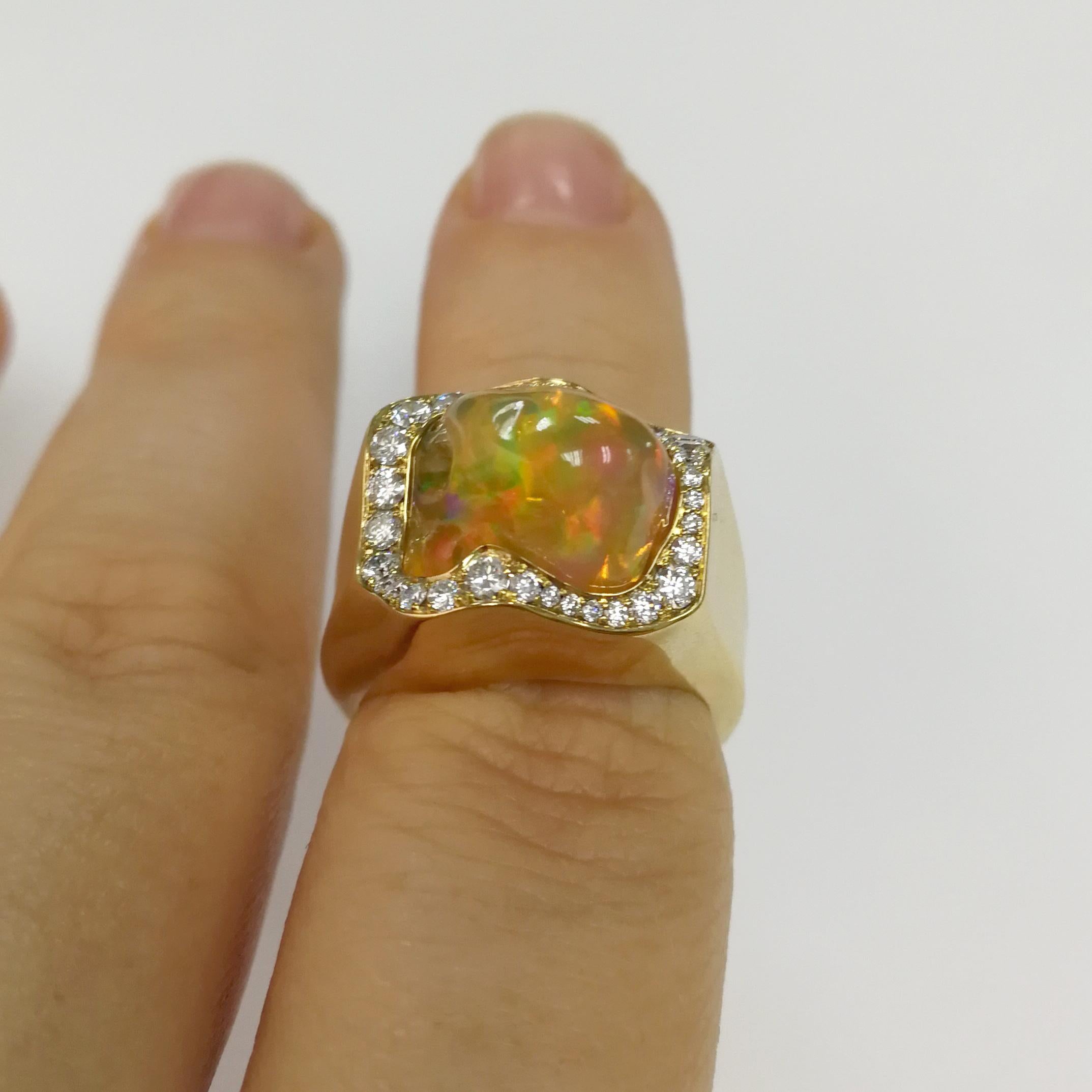 Women's Mexican Opal 7.31 Carat Diamonds One of a Kind 18 Karat Yellow Gold Ring For Sale
