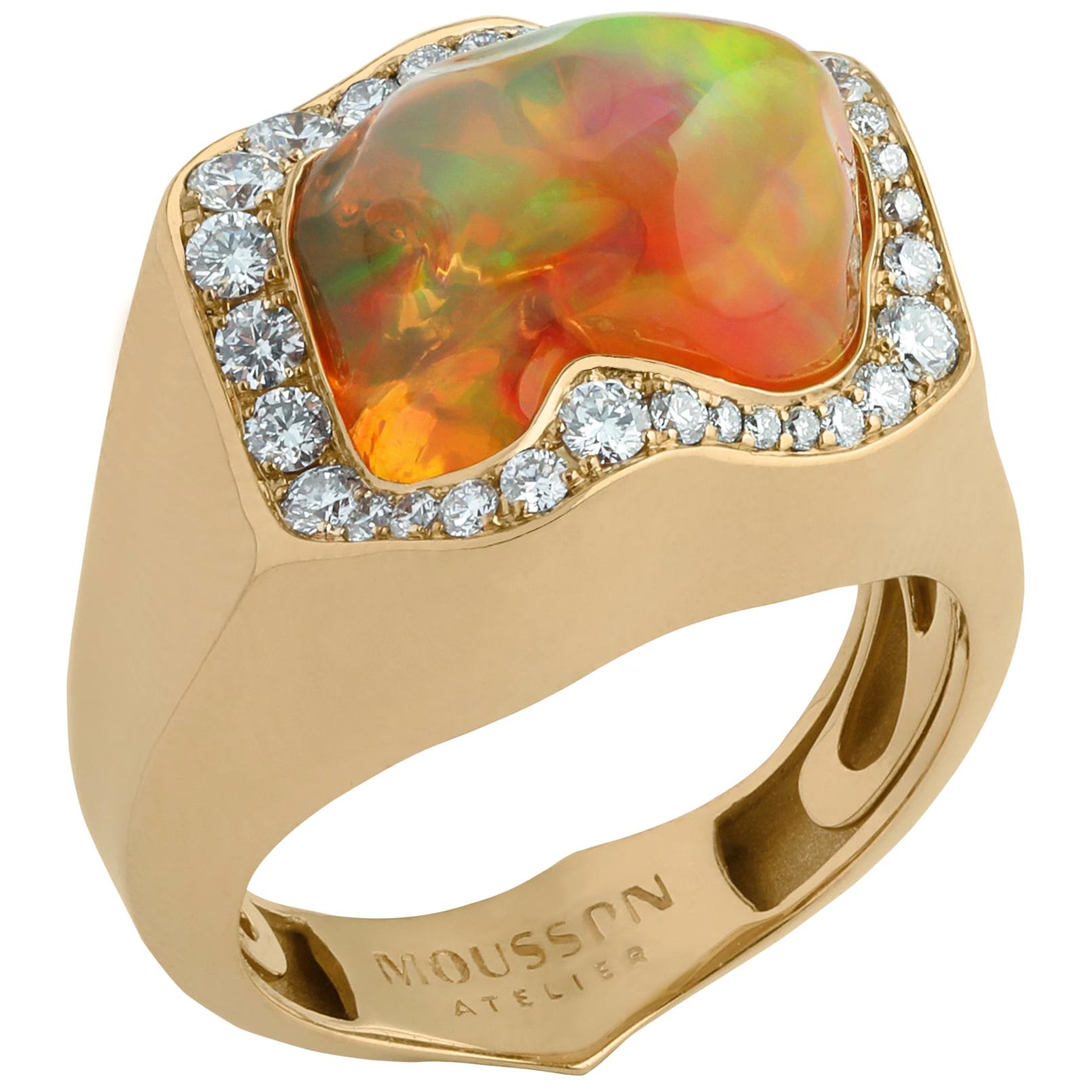 Mexican Opal 7.31 Carat Diamonds One of a Kind 18 Karat Yellow Gold Ring