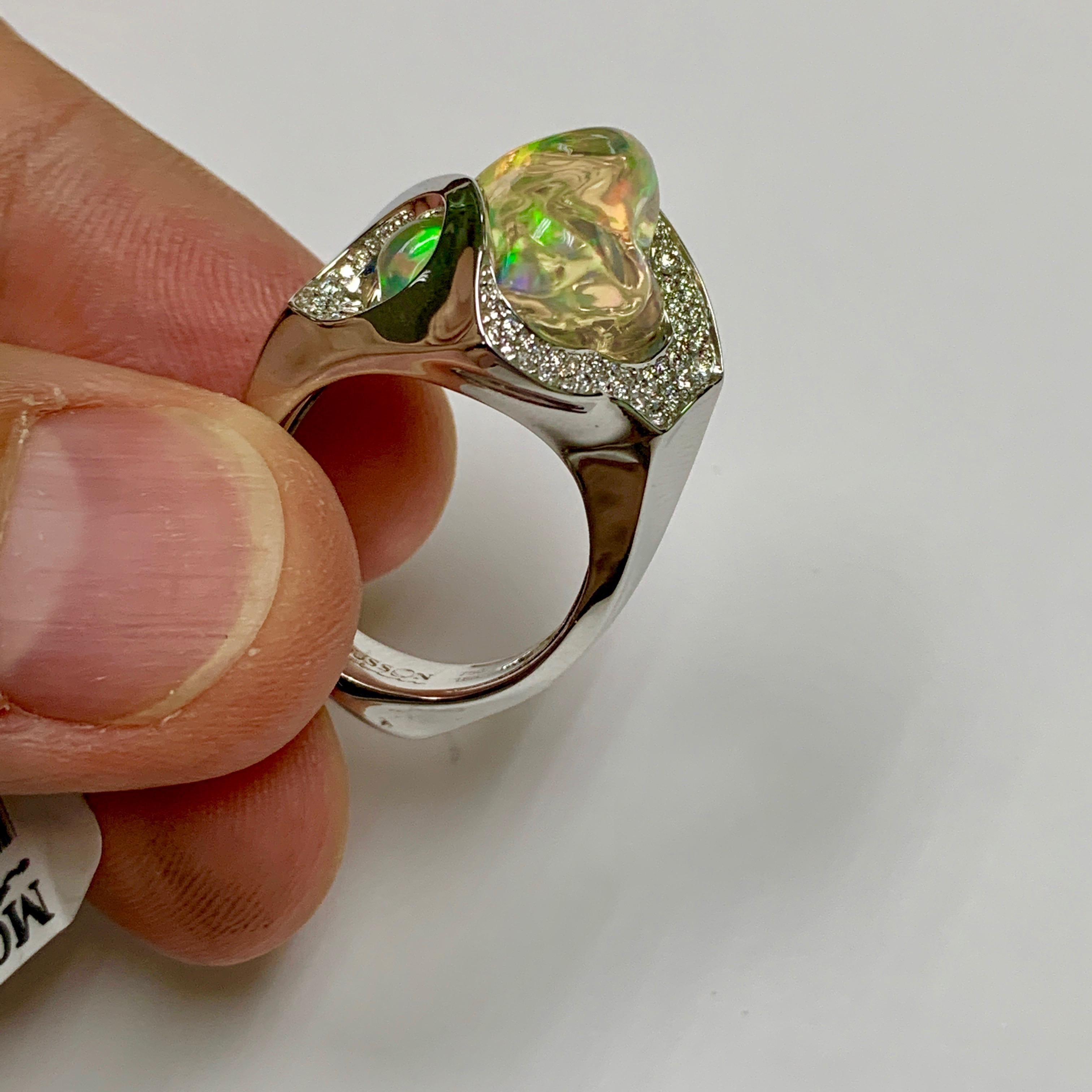 Contemporary Mexican Opal 7.82 Carat Diamonds One of a Kind 18 Karat White Gold Ring For Sale