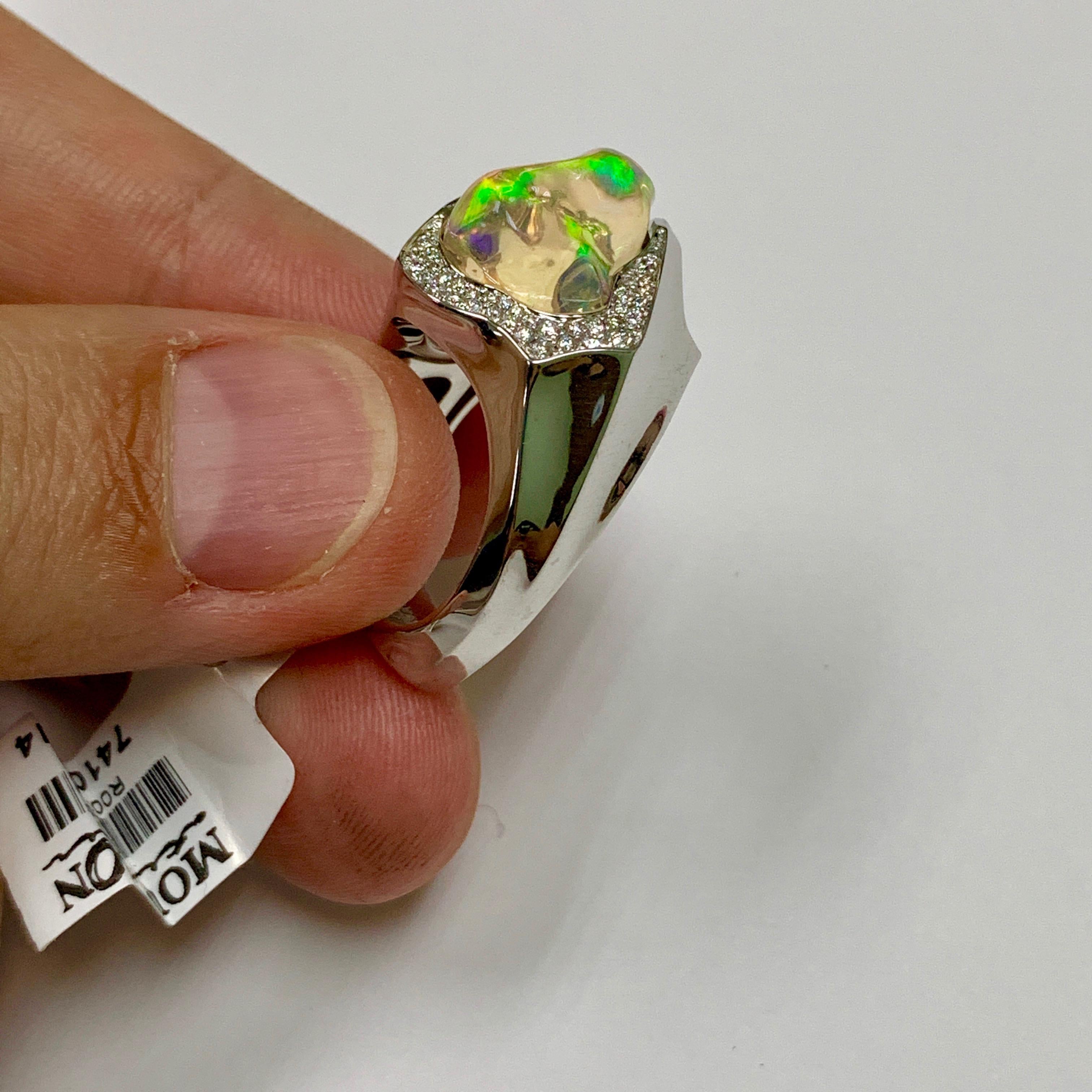 Sugarloaf Cabochon Mexican Opal 7.82 Carat Diamonds One of a Kind 18 Karat White Gold Ring For Sale