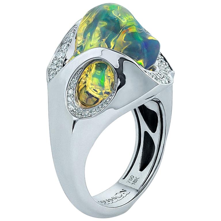 Mexican Opal 7.82 Carat Diamonds One of a Kind 18 Karat White Gold Ring