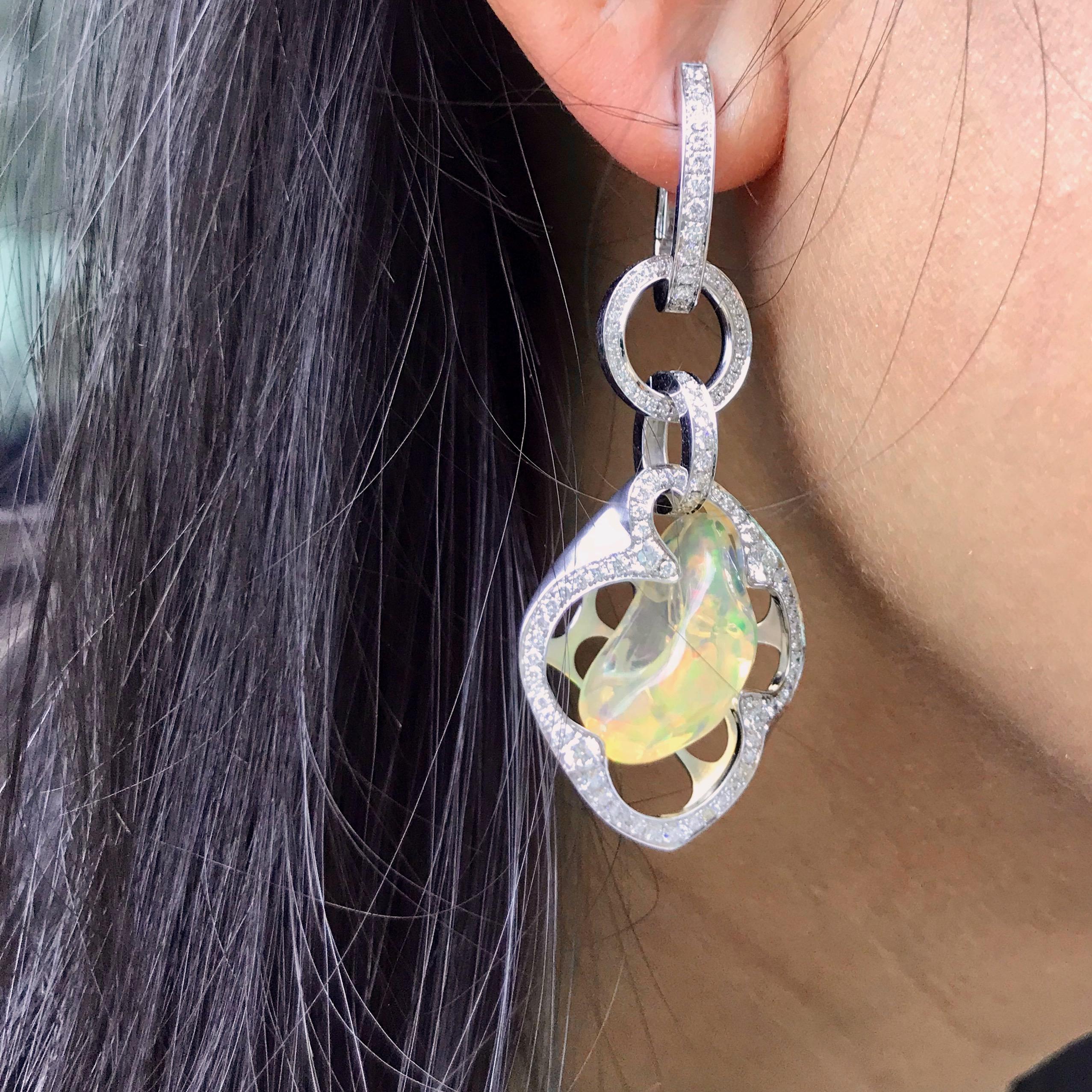 Contemporary Mexican Opal, Diamond - One of a Kind 18 Karat White Gold Earrings For Sale