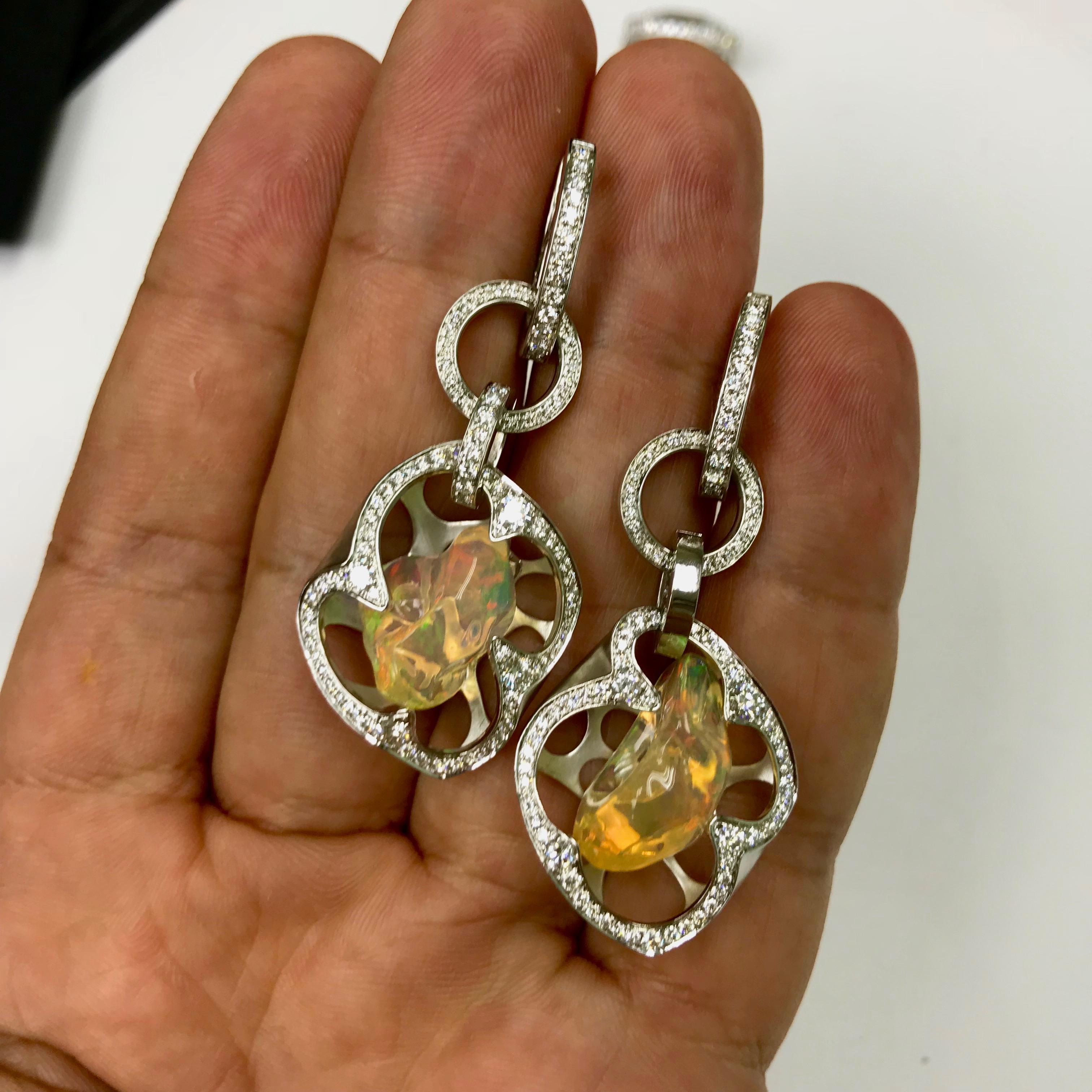 Women's Mexican Opal, Diamond - One of a Kind 18 Karat White Gold Earrings For Sale