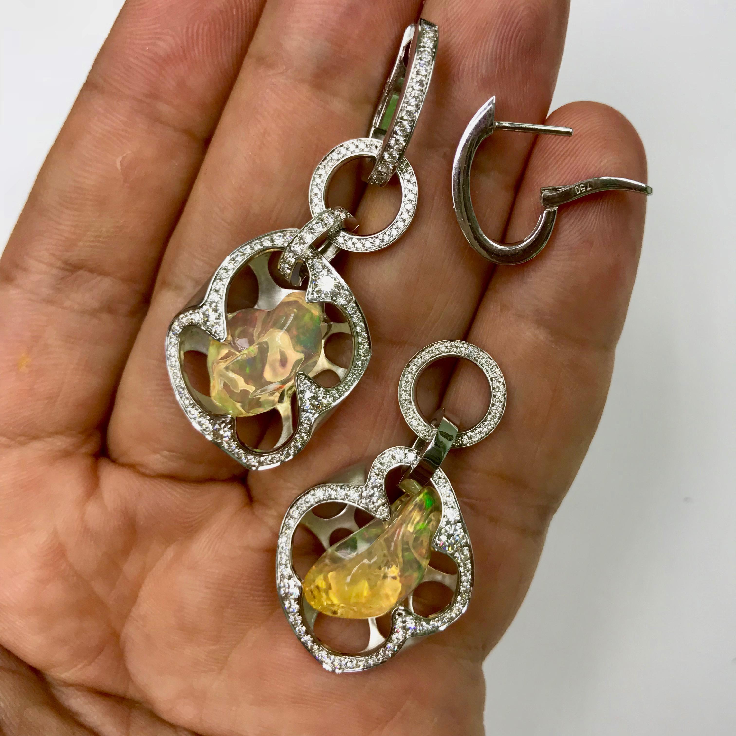 Mexican Opal, Diamond - One of a Kind 18 Karat White Gold Earrings For Sale 2