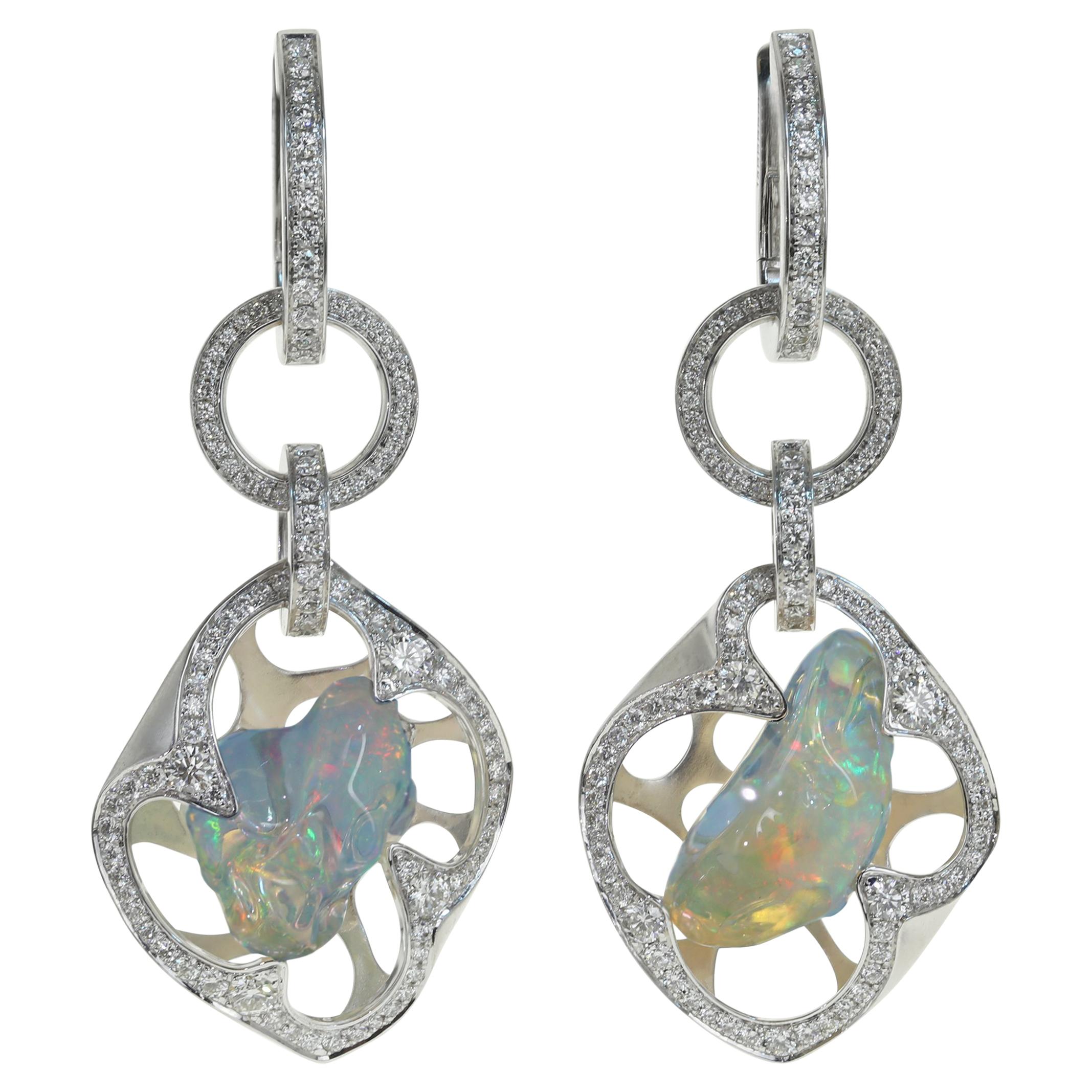 Boucles d'oreilles mexicaines en or blanc 18 carats, opale et diamant - Exemplaire unique