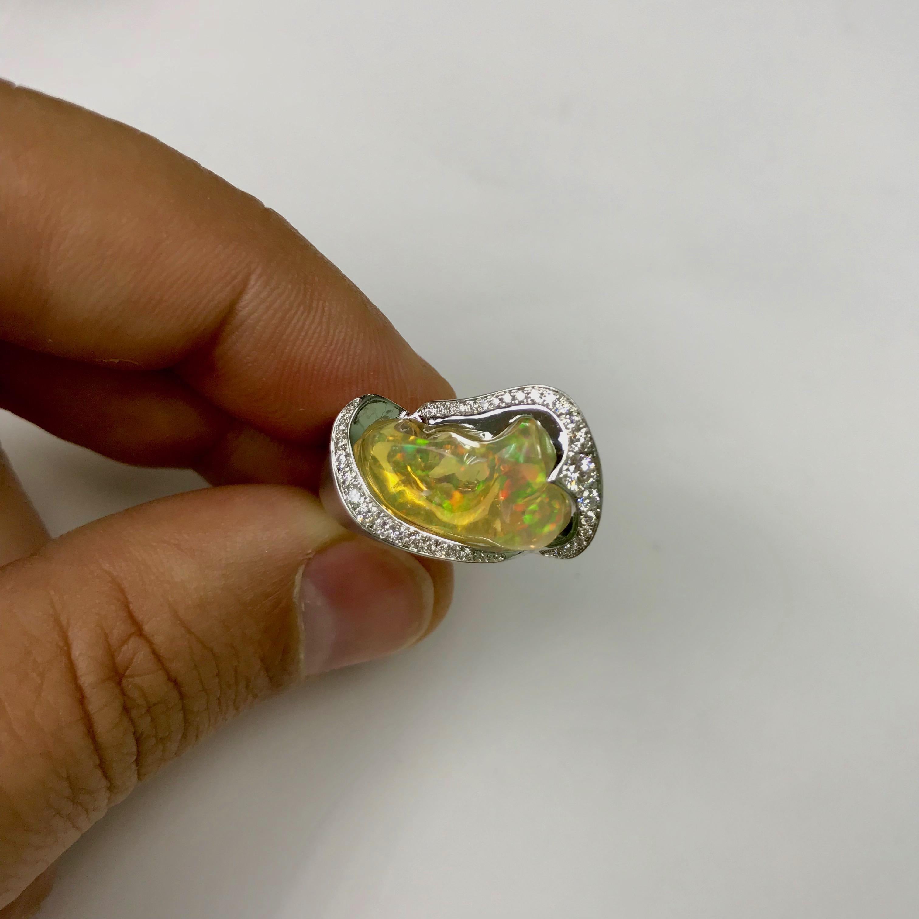 Women's or Men's Mexican Opal Diamond One of a Kind 18 Karat White Gold Ring For Sale