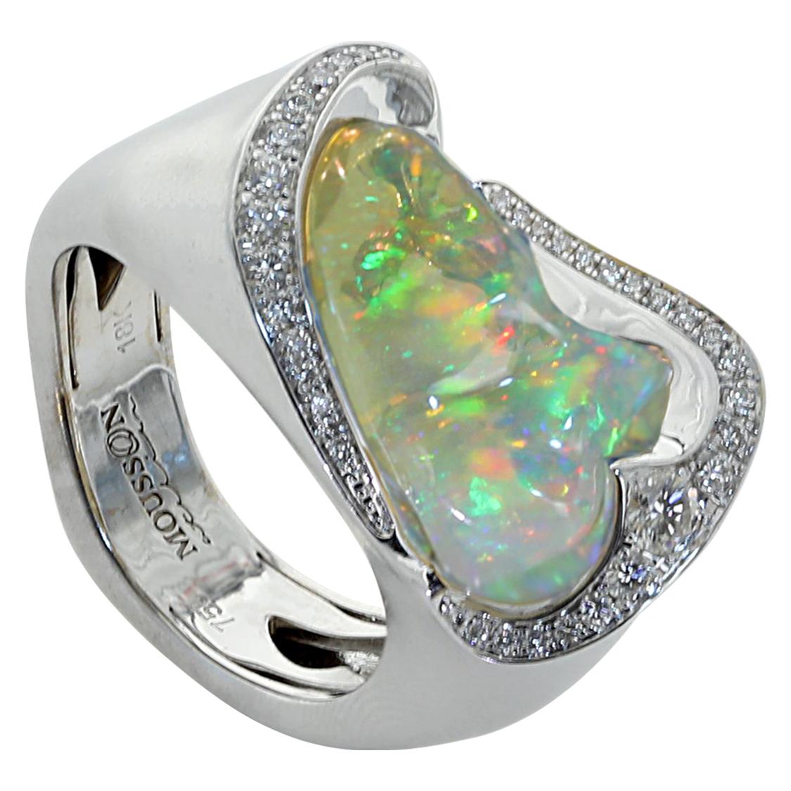 Mexican Opal Diamond One of a Kind 18 Karat White Gold Ring